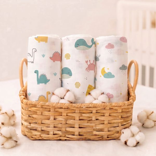 Admirae 100% Cotton Muslin Baby Swaddle Set, Baby and New Born,105x100cm, 0-18 Months, Printed Cotton Mulmal Muslin Swaddle Wrap, Pack of 3, Dreamland Trio (Sea Animals, Dinosaur, Moon and clouds)