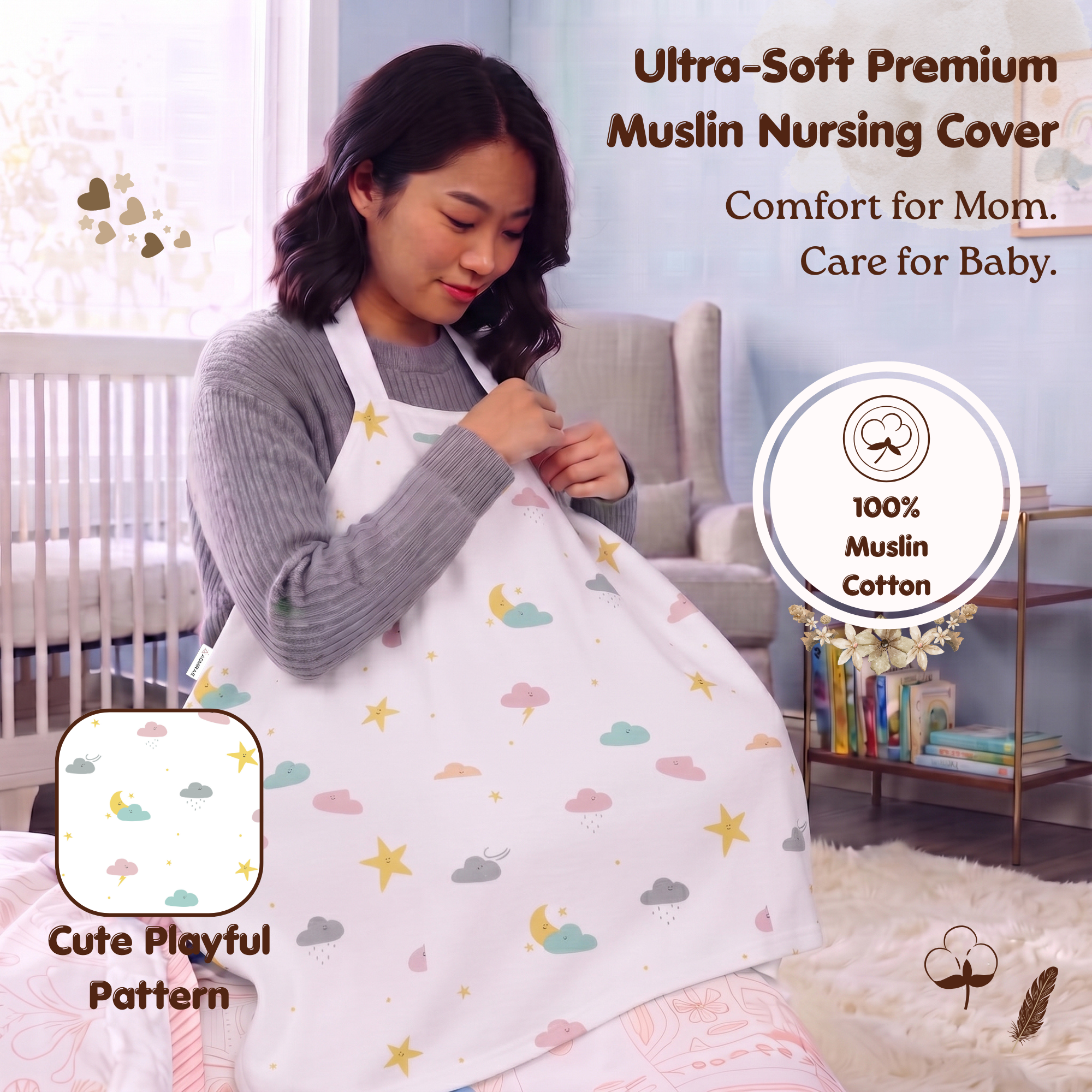 100% Cotton Muslin Nursing Cover for Breastfeeding - Breathable Baby Feeding Apron & Privacy Wrap with Adjustable Neck Strap for Moms (Moon and Cloud)