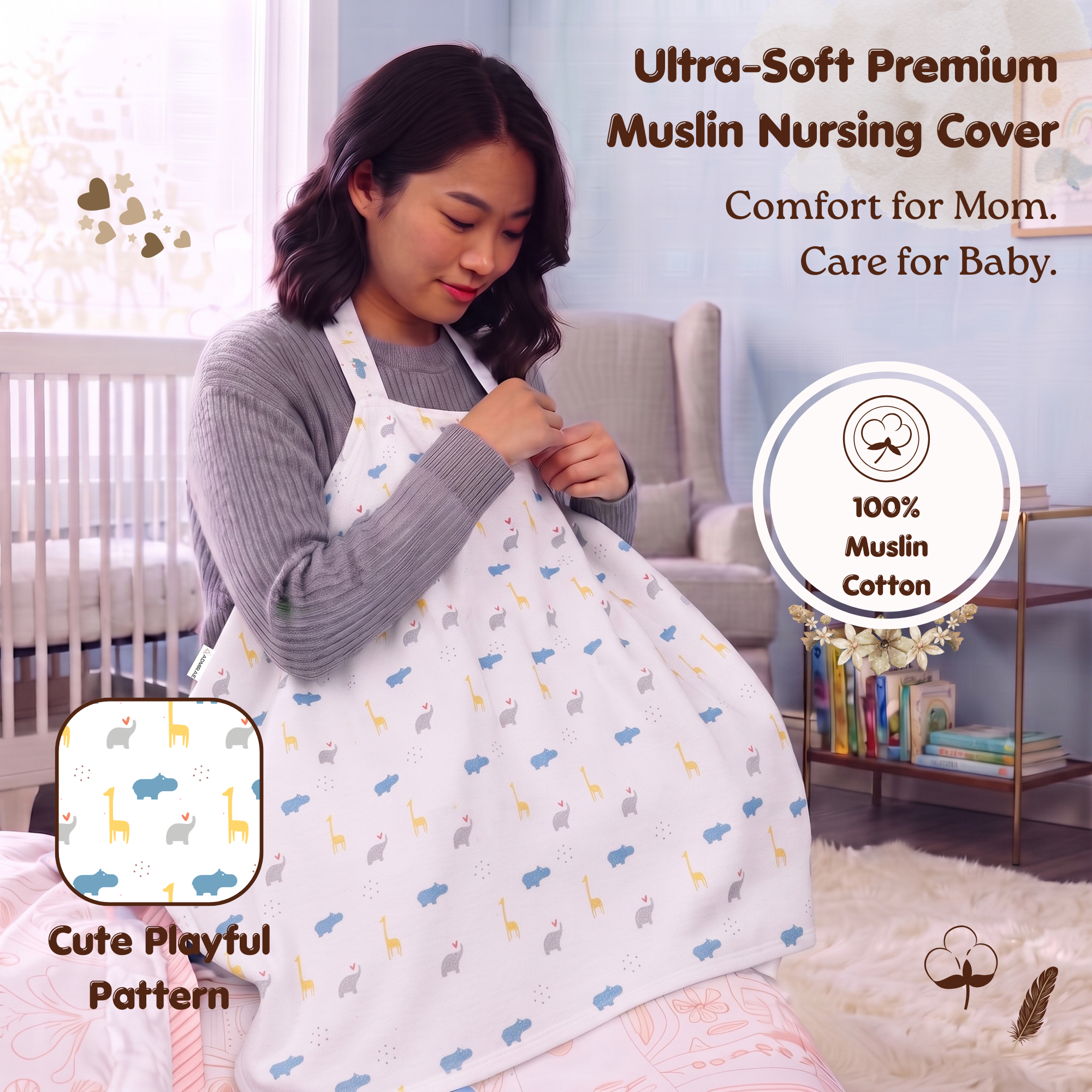 100% Cotton Muslin Nursing Cover for Breastfeeding - Breathable Baby Feeding Apron & Privacy Wrap with Adjustable Neck Strap for Moms (Wild Animals)