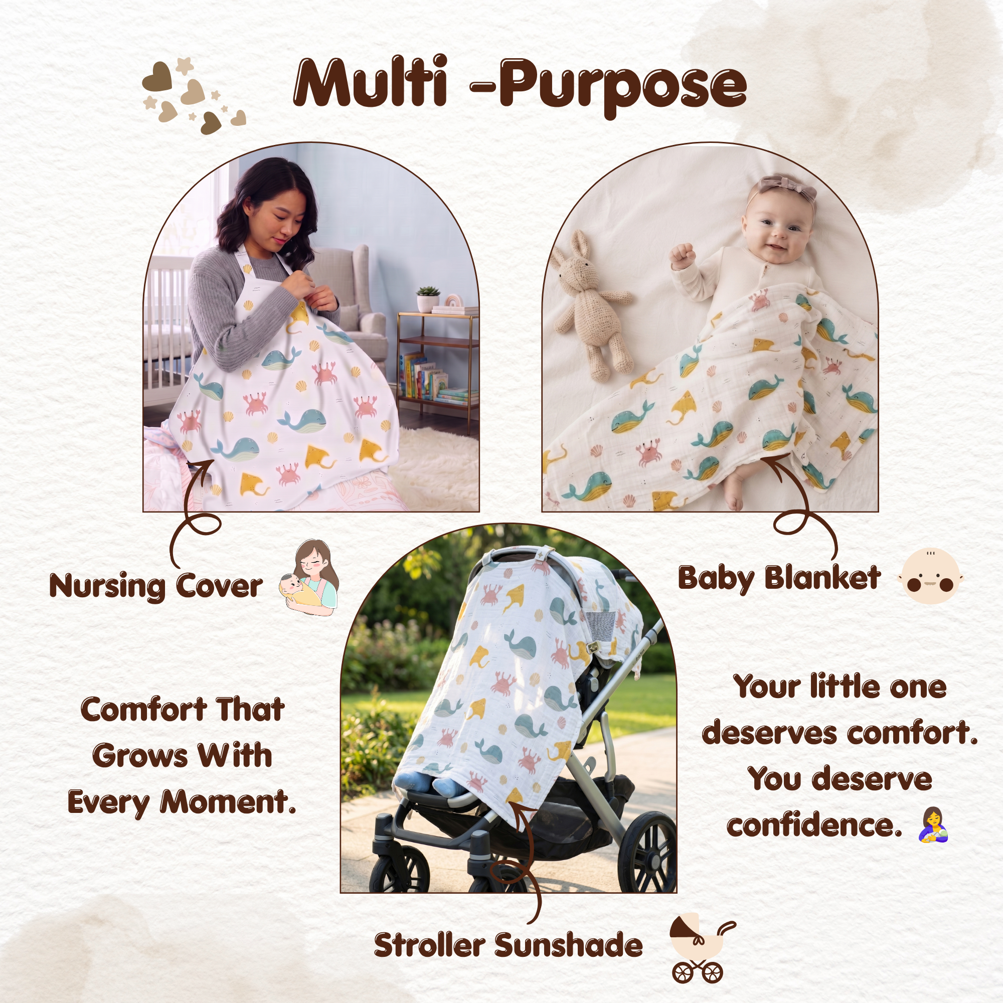 100% Cotton Muslin Nursing Cover for Breastfeeding - Breathable Baby Feeding Apron & Privacy Wrap with Adjustable Neck Strap for Moms (Sea Animals)