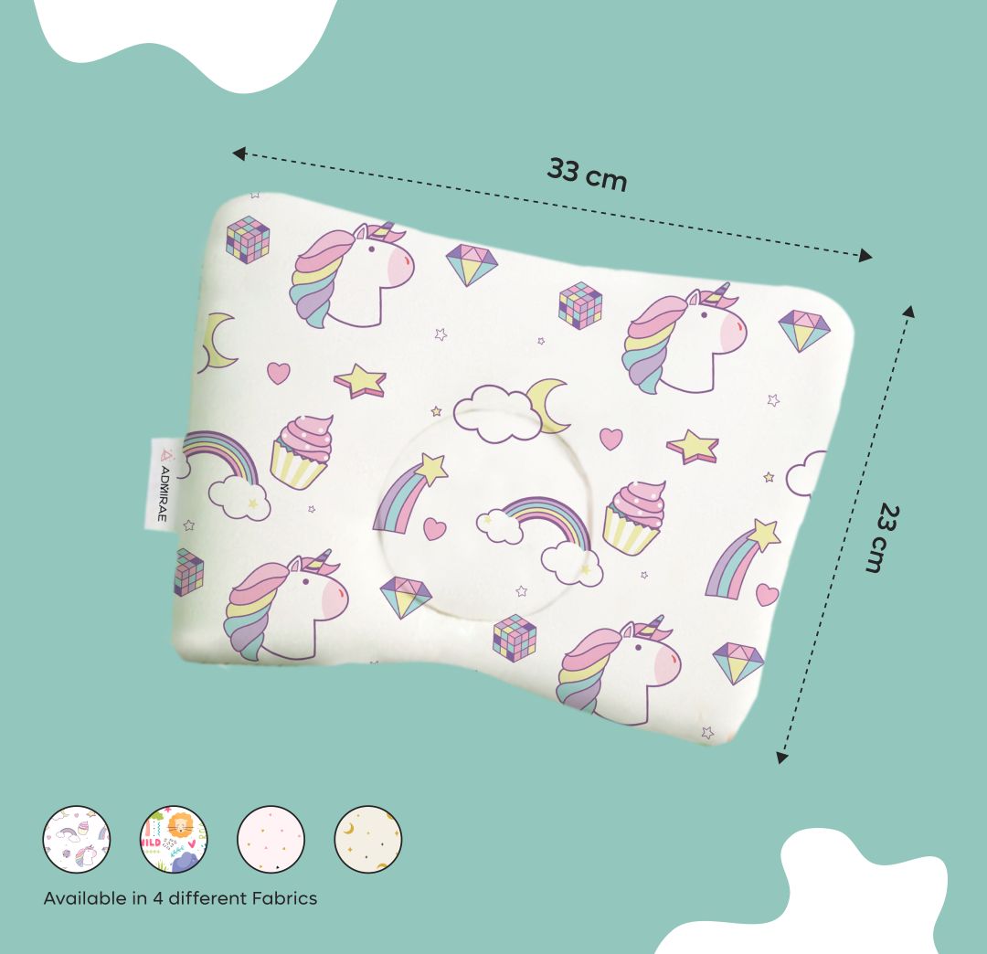 ADMIRAE Head Shaping Baby Pillow with colorful unicorn and rainbow pattern measuring 33 cm by 23 cm
