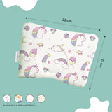 ADMIRAE Head Shaping Baby Pillow with colorful unicorn and rainbow pattern measuring 33 cm by 23 cm