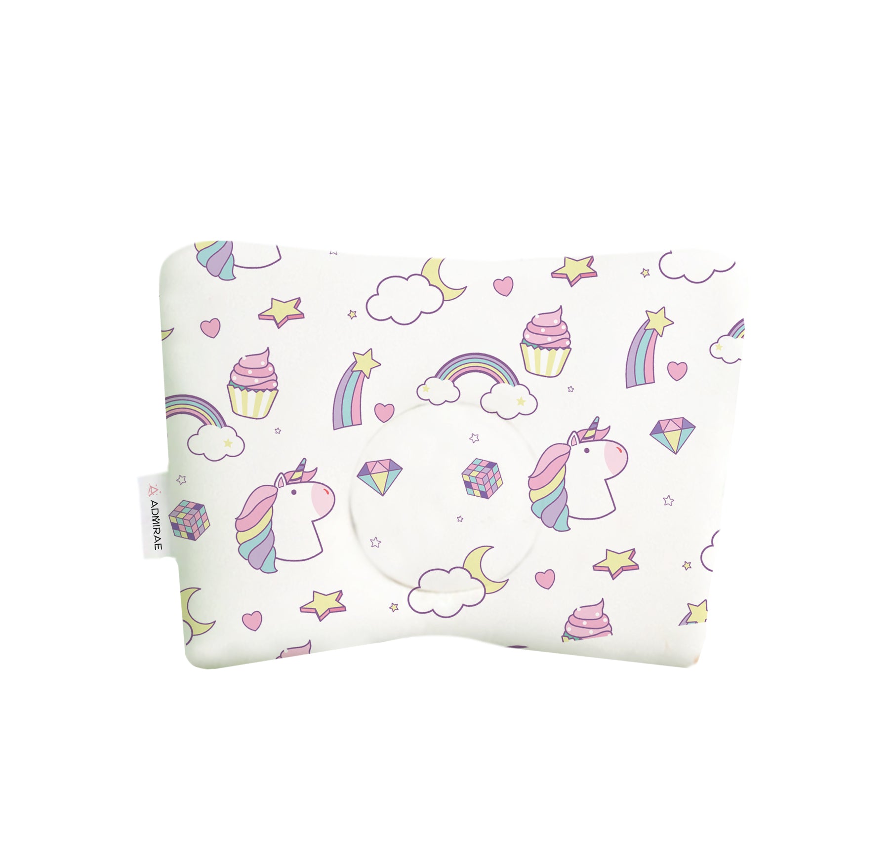 ADMIRAE Head Shaping Baby Pillow with colorful unicorn and rainbow pattern for infants