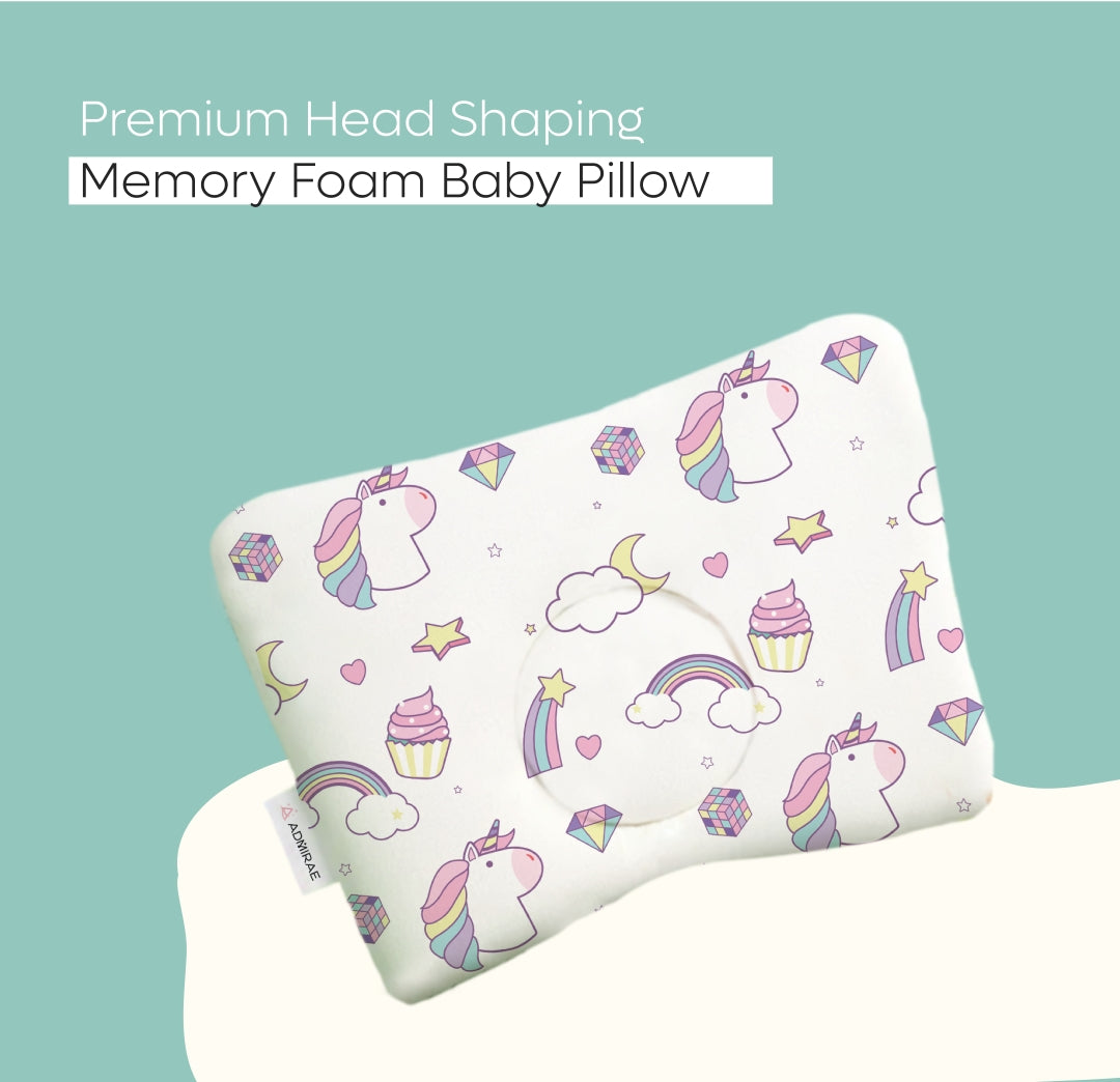 ADMIRAE Head Shaping Baby Pillow with unicorn and rainbow print for babies made of memory foam
