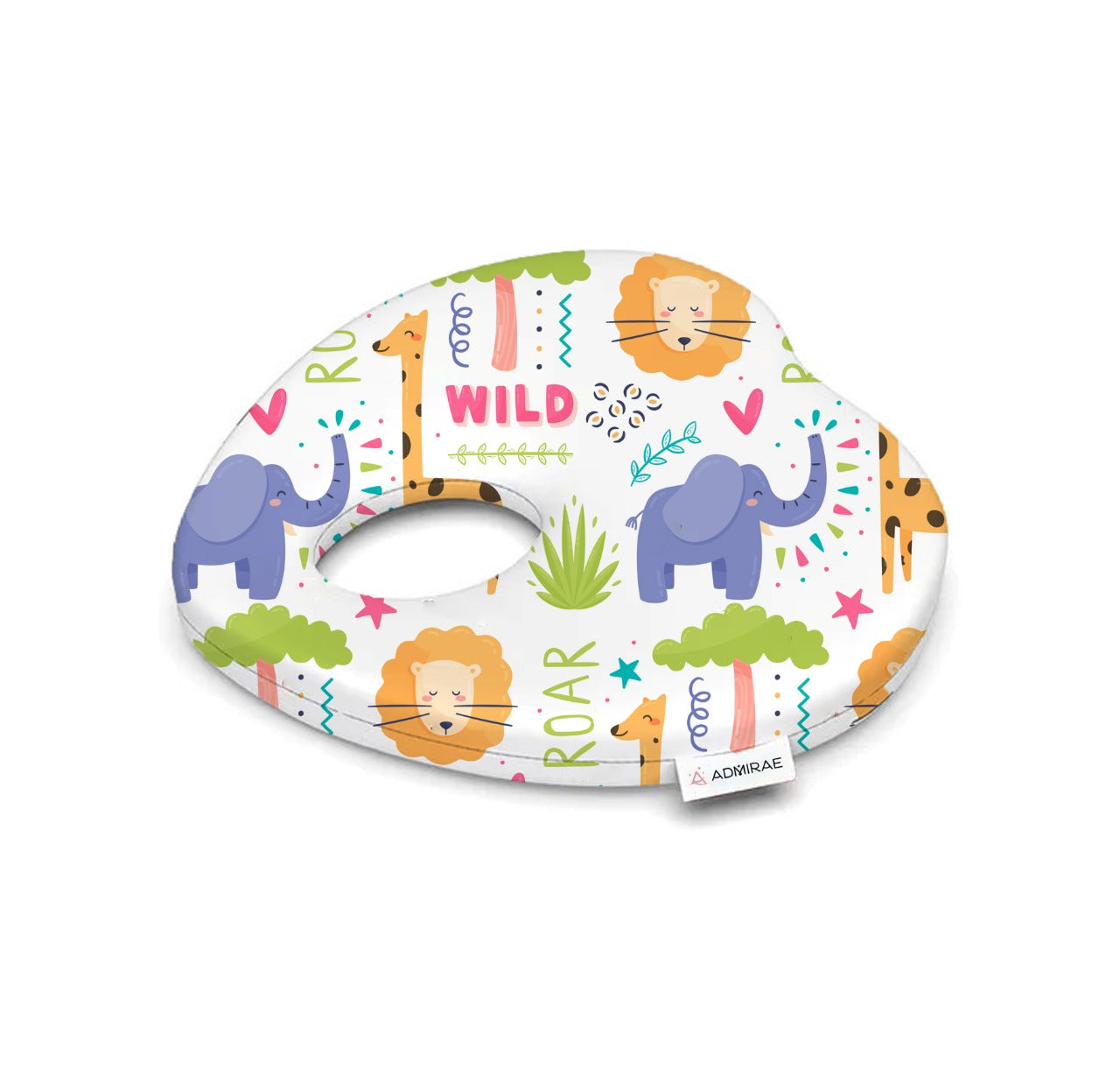 ADMIRAE Head shaping heart Baby Pillow with colorful safari animal print including elephants, lions, and giraffes