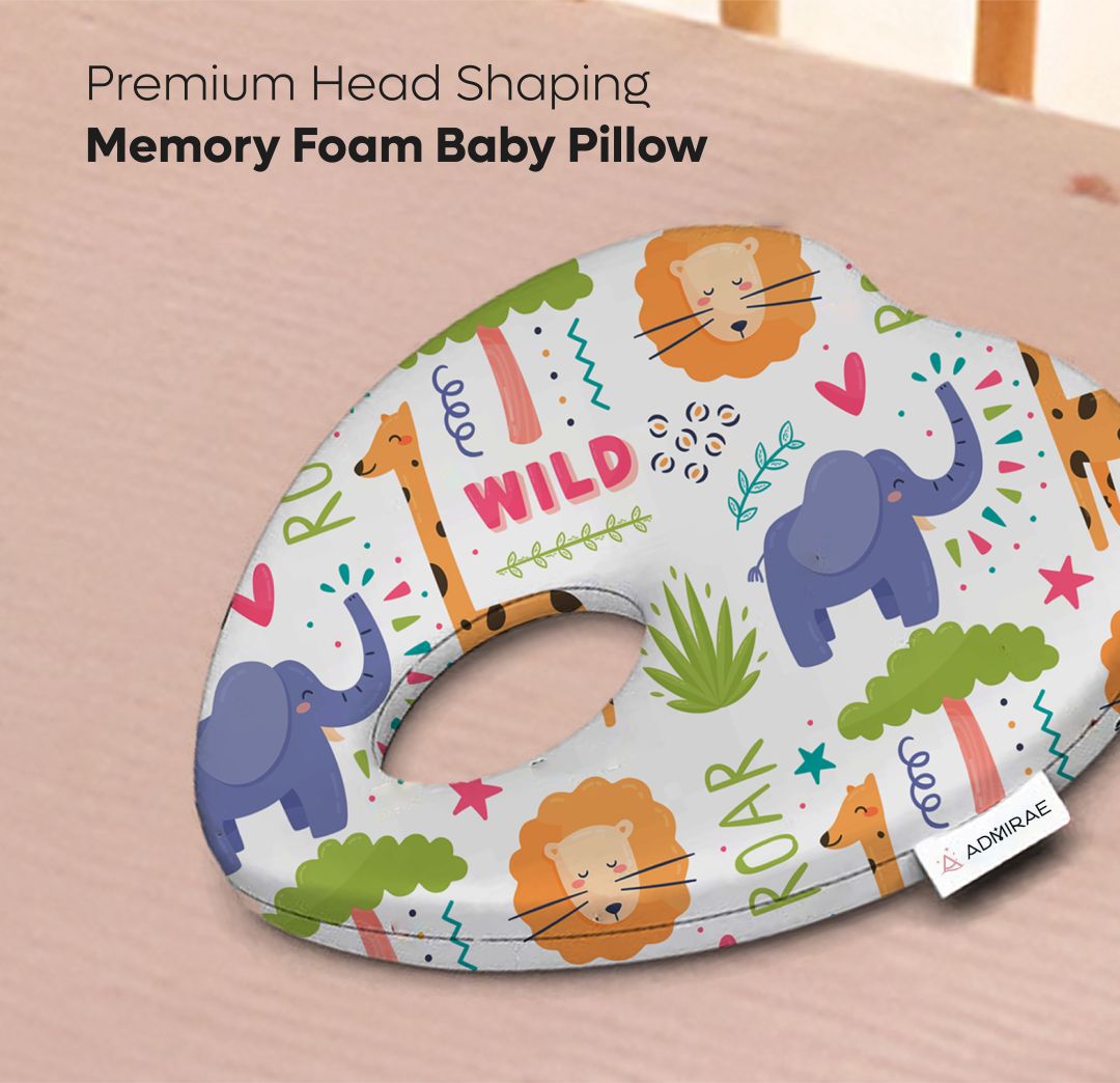 ADMIRAE Memory Foam Head shaping heart Baby Pilloww with colorful animal prints for premium head shaping