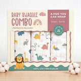 Admirae 100% Cotton Muslin Baby Swaddle Set, Pack of 3, Jurassic Trio (Wild Animals, Dinosaur, Moon and Clouds)