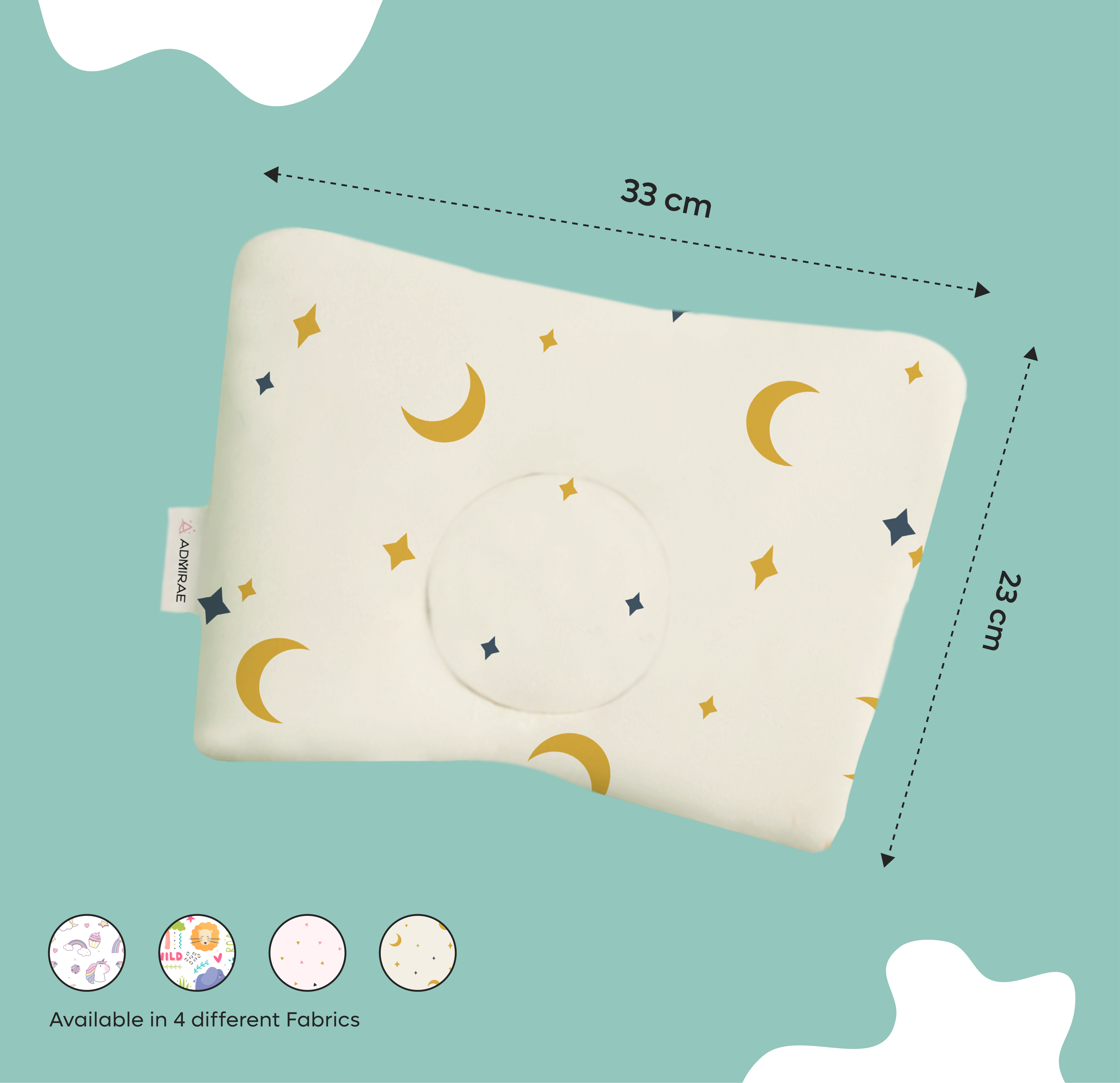 Memory Foam Head Shaping Baby Pillow with crescent moon and star pattern measuring 33 by 23 cm