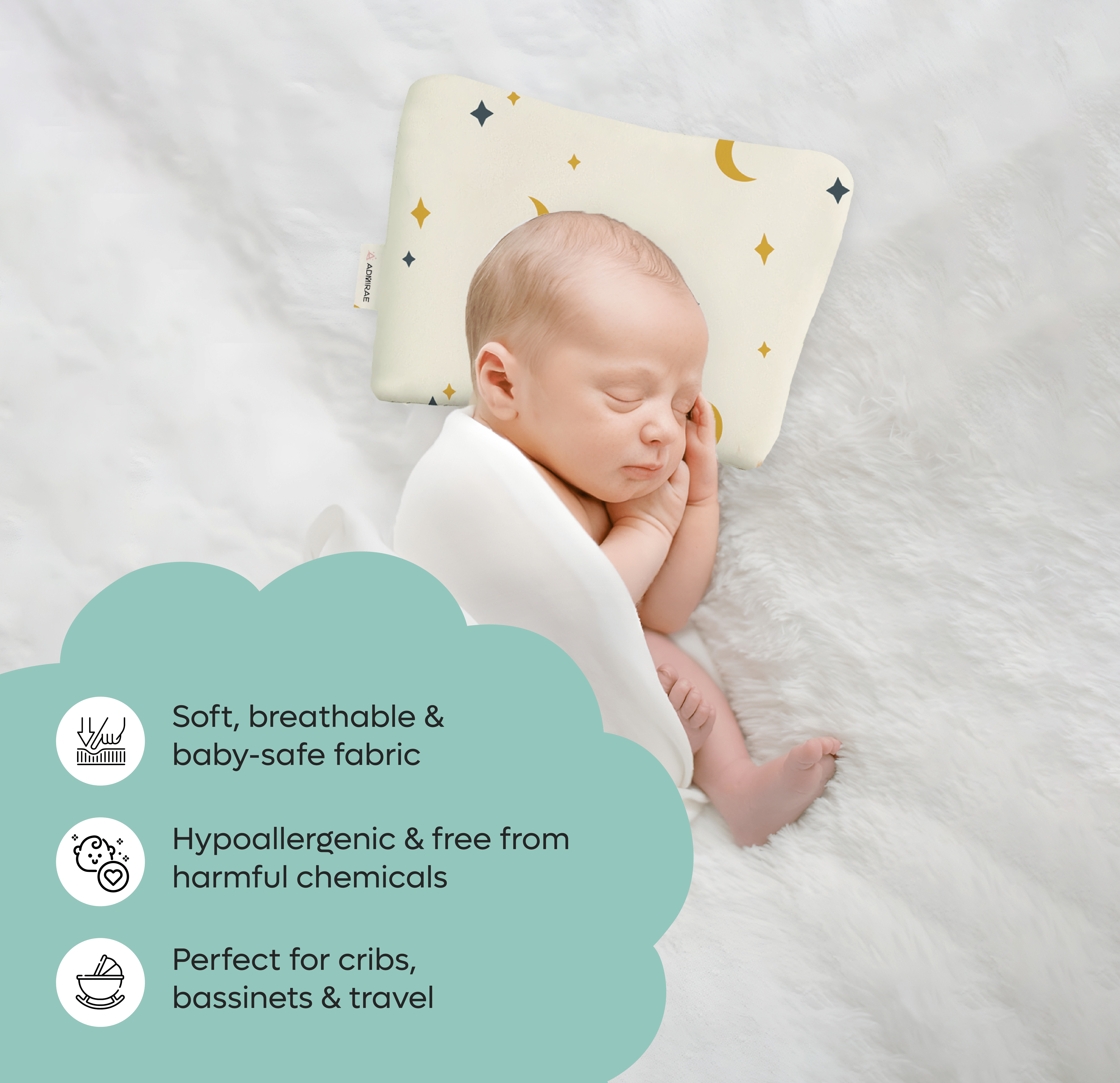 Soft breathable Memory Foam Head Shaping Baby Pillow with moon and star print