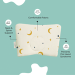 Memory Foam Head Shaping Baby Pillow with moon and star design provides neck support and prevents flat head syndrome