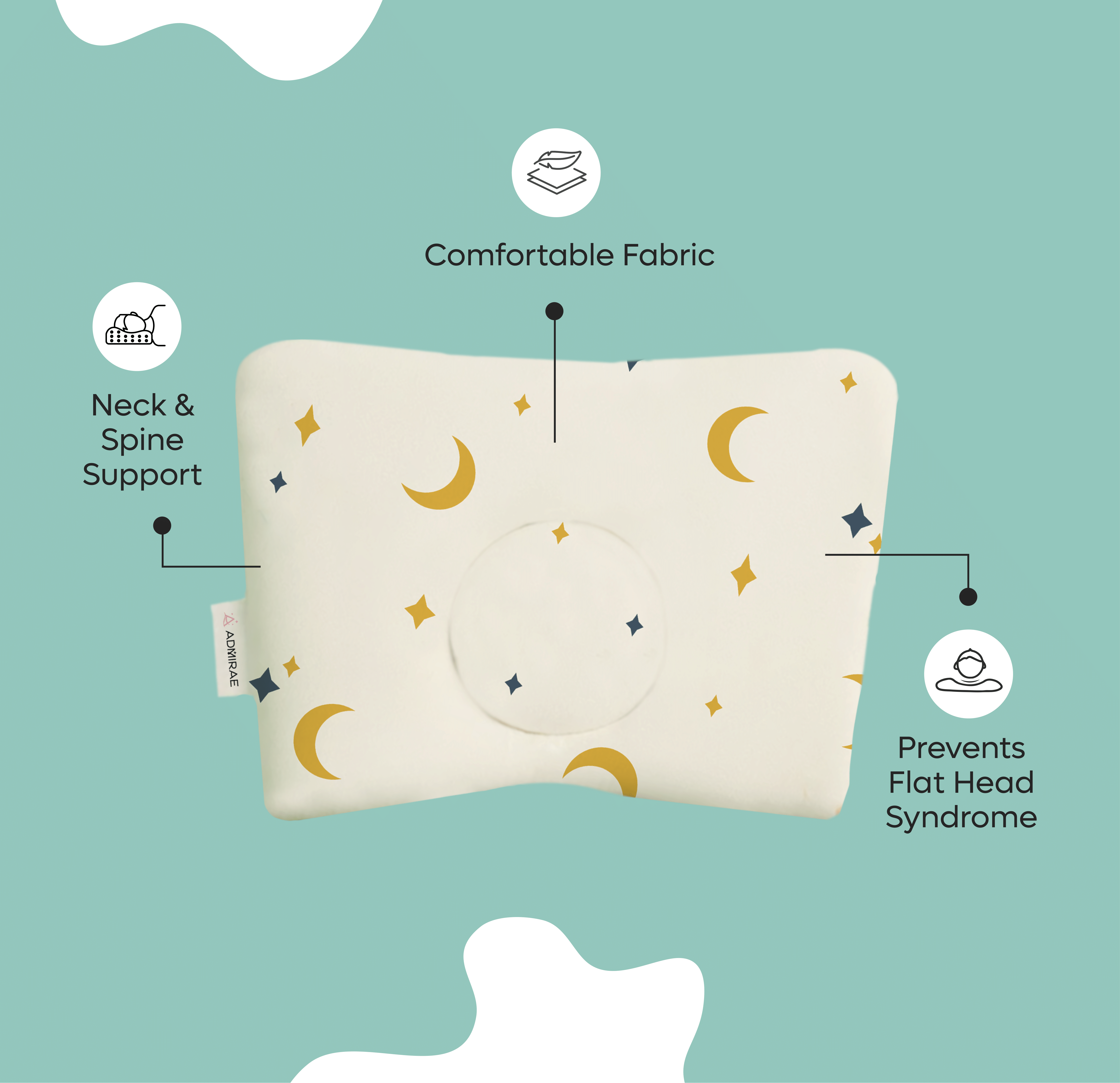 Memory Foam Head Shaping Baby Pillow with moon and star design provides neck support and prevents flat head syndrome
