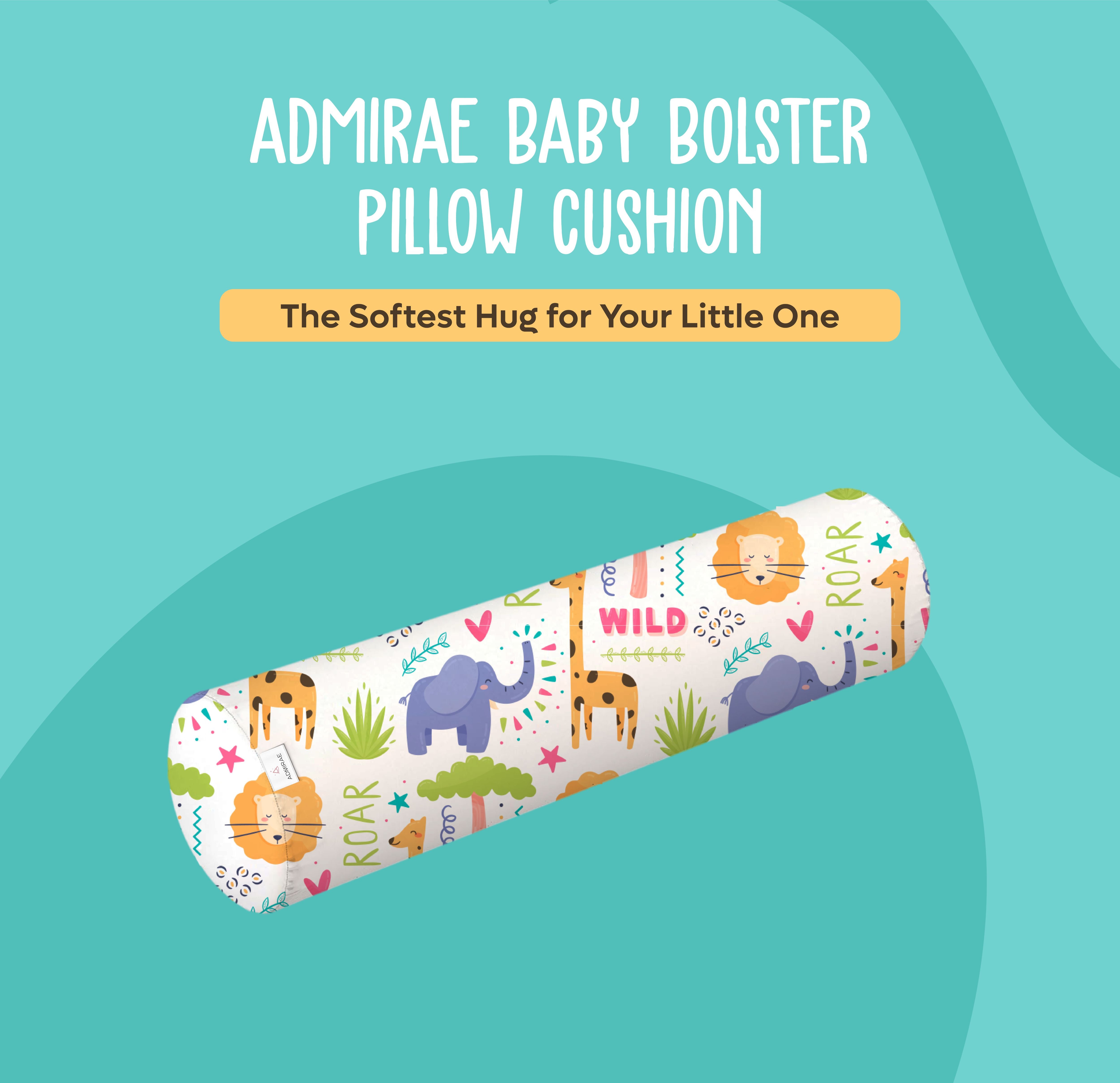 ADMIRAE baby bolster pillow with colorful animal prints for soft cuddles and comfort