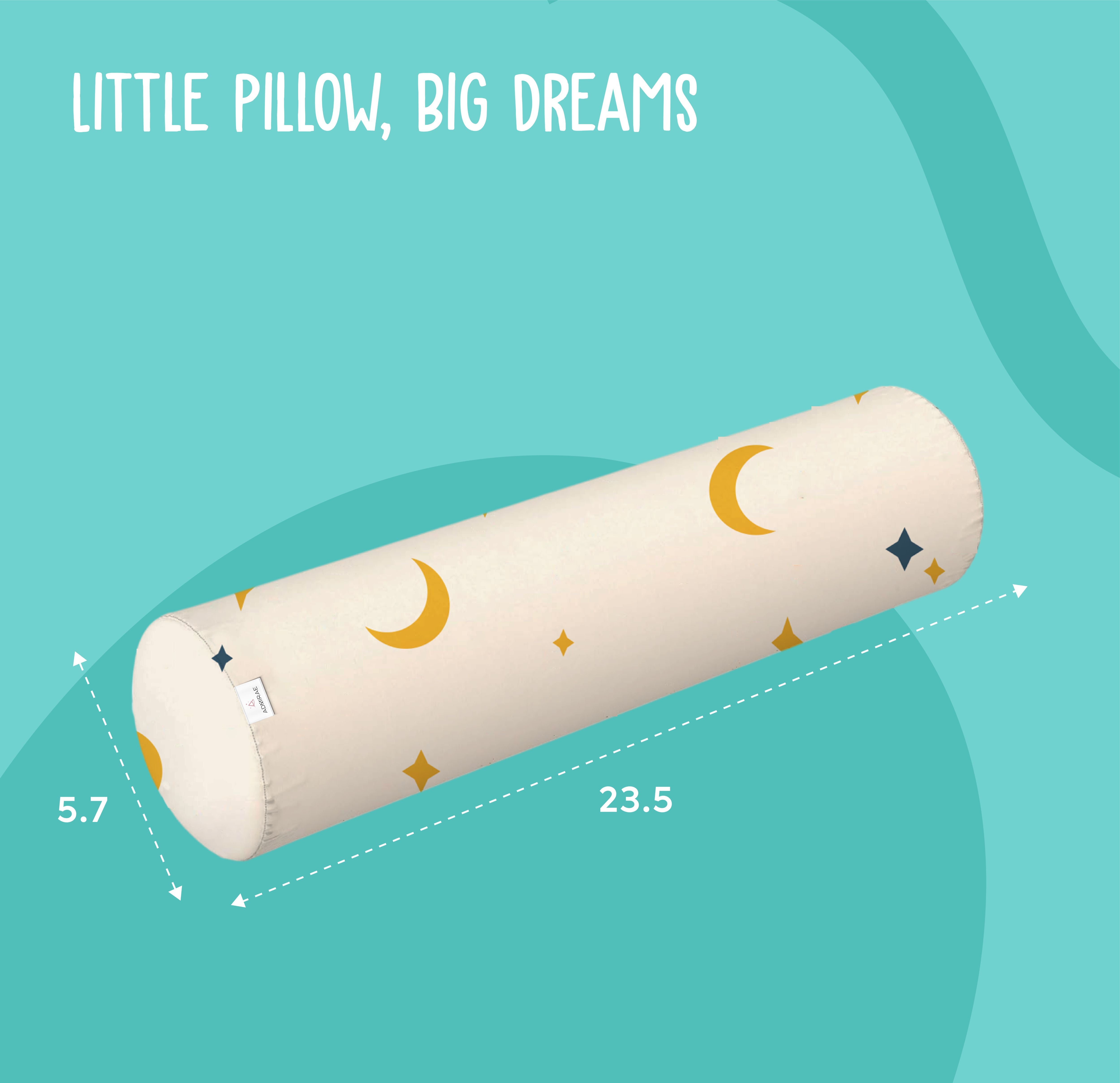 ADMIRAE baby bolster pillow with moon and star print measuring 23.5 by 5.7 inches for infants