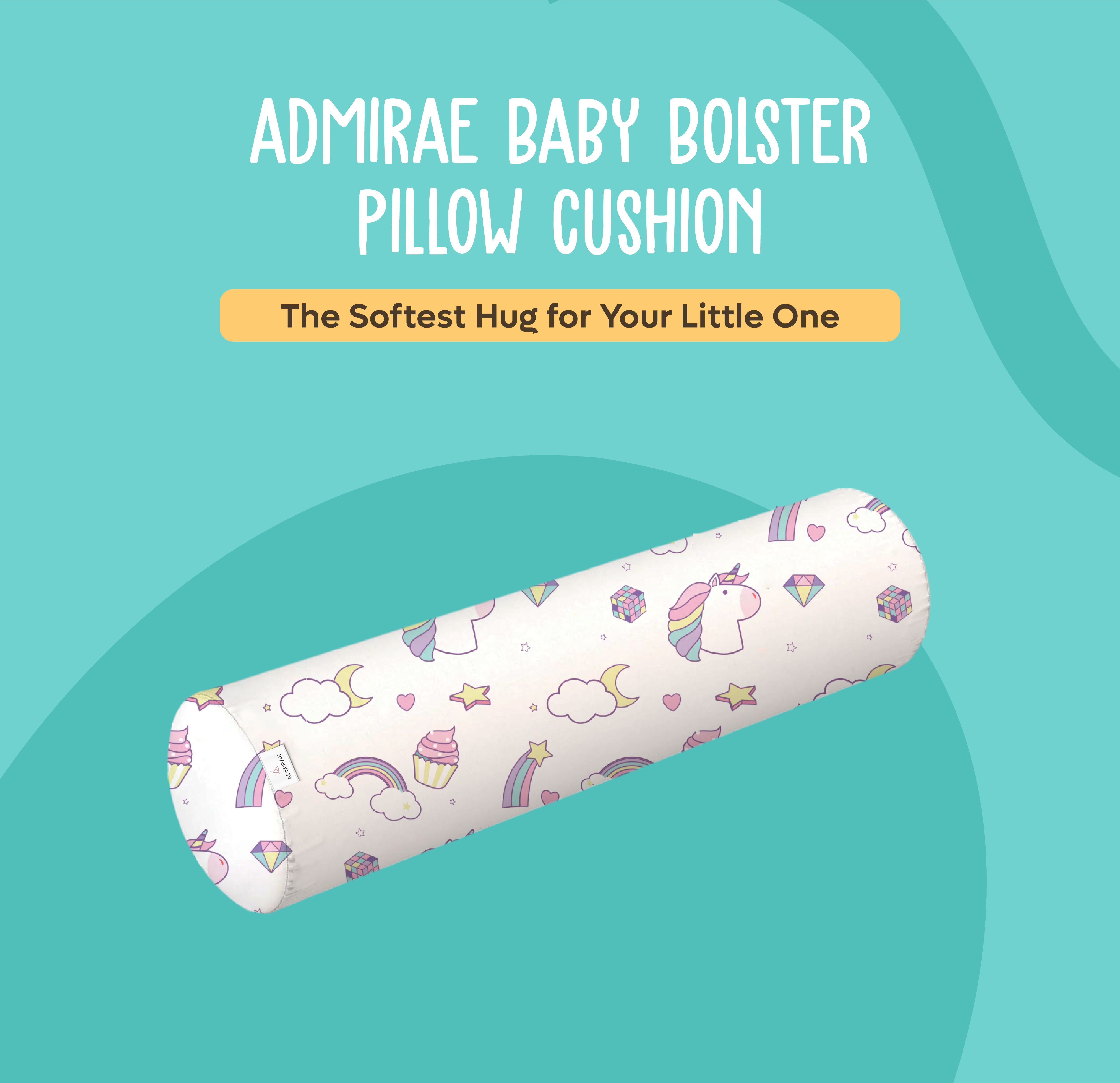ADMIRAE baby bolster pillow with cute unicorn and rainbow print on white fabric