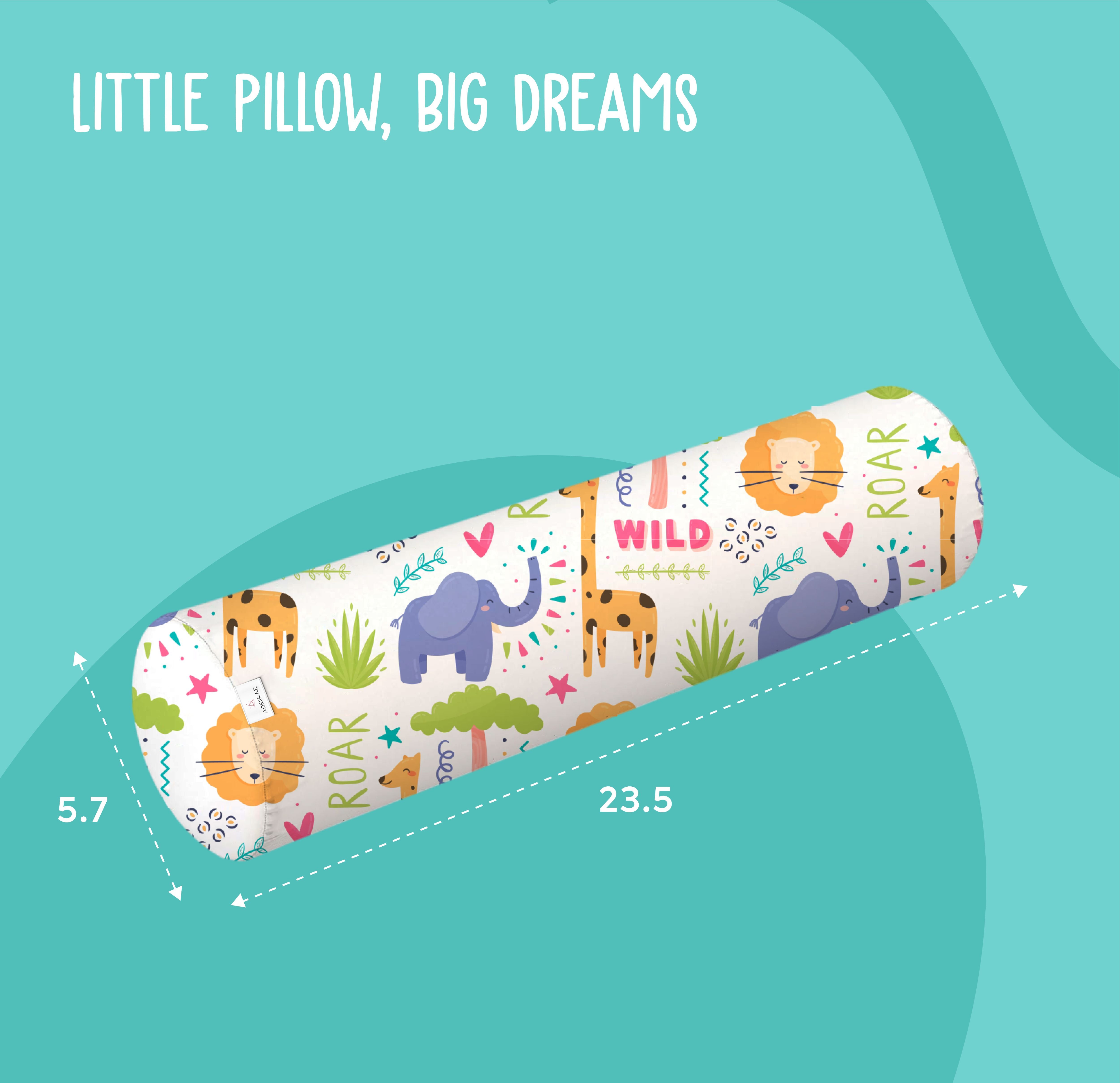 ADMIRAE baby bolster pillow with colorful safari animal print measuring 23.5 by 5.7 inches