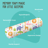ADMIRAE baby bolster pillow with removable cover featuring colorful animal print and memory foam support