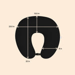 ADMIRAE black baby feeding pillow with dimensions labeled for comfortable nursing support
