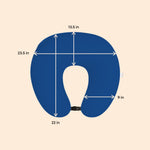 ADMIRAE blue baby feeding pillow with detailed size measurements for comfortable support