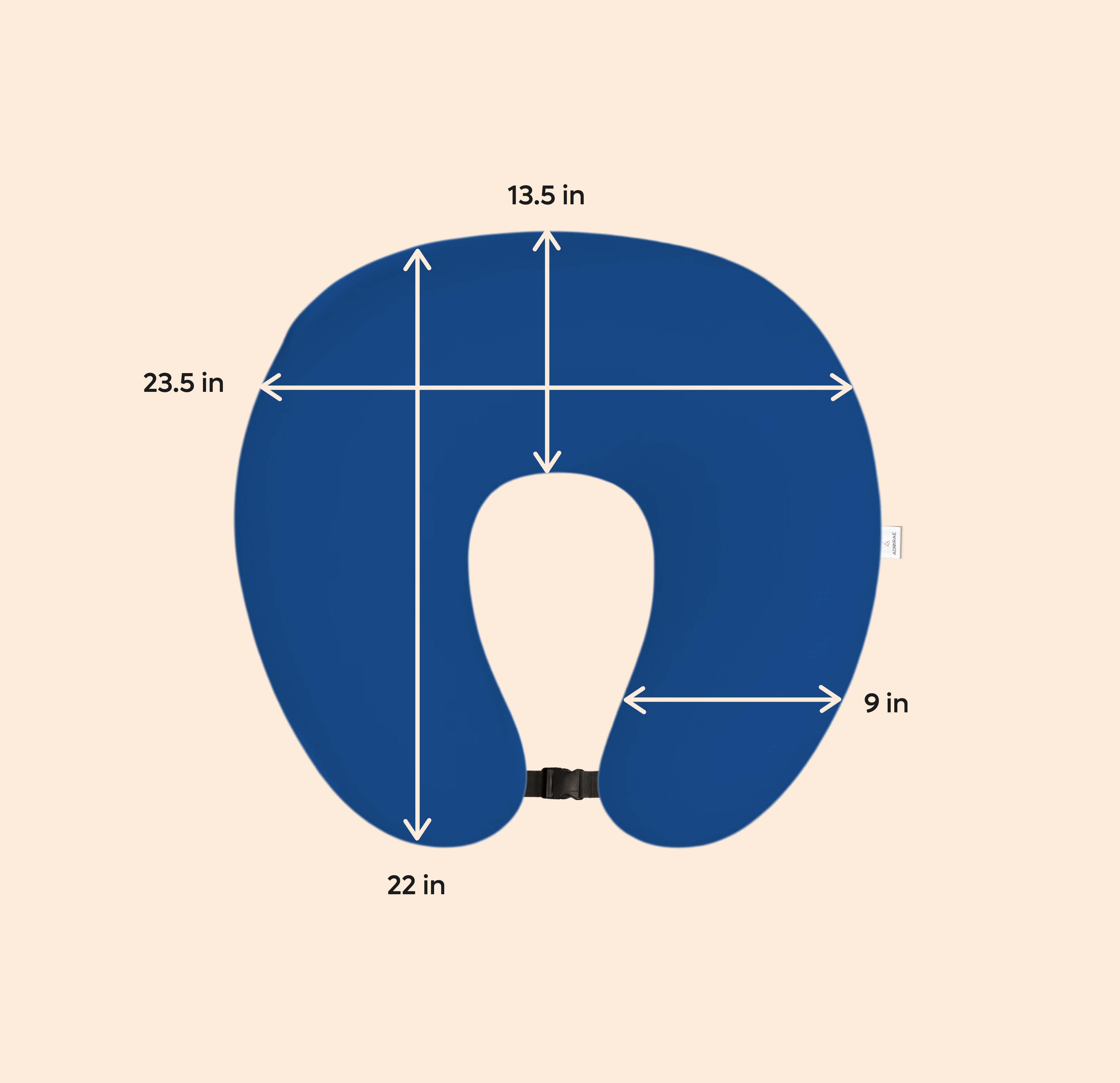 ADMIRAE blue baby feeding pillow with detailed size measurements for comfortable support