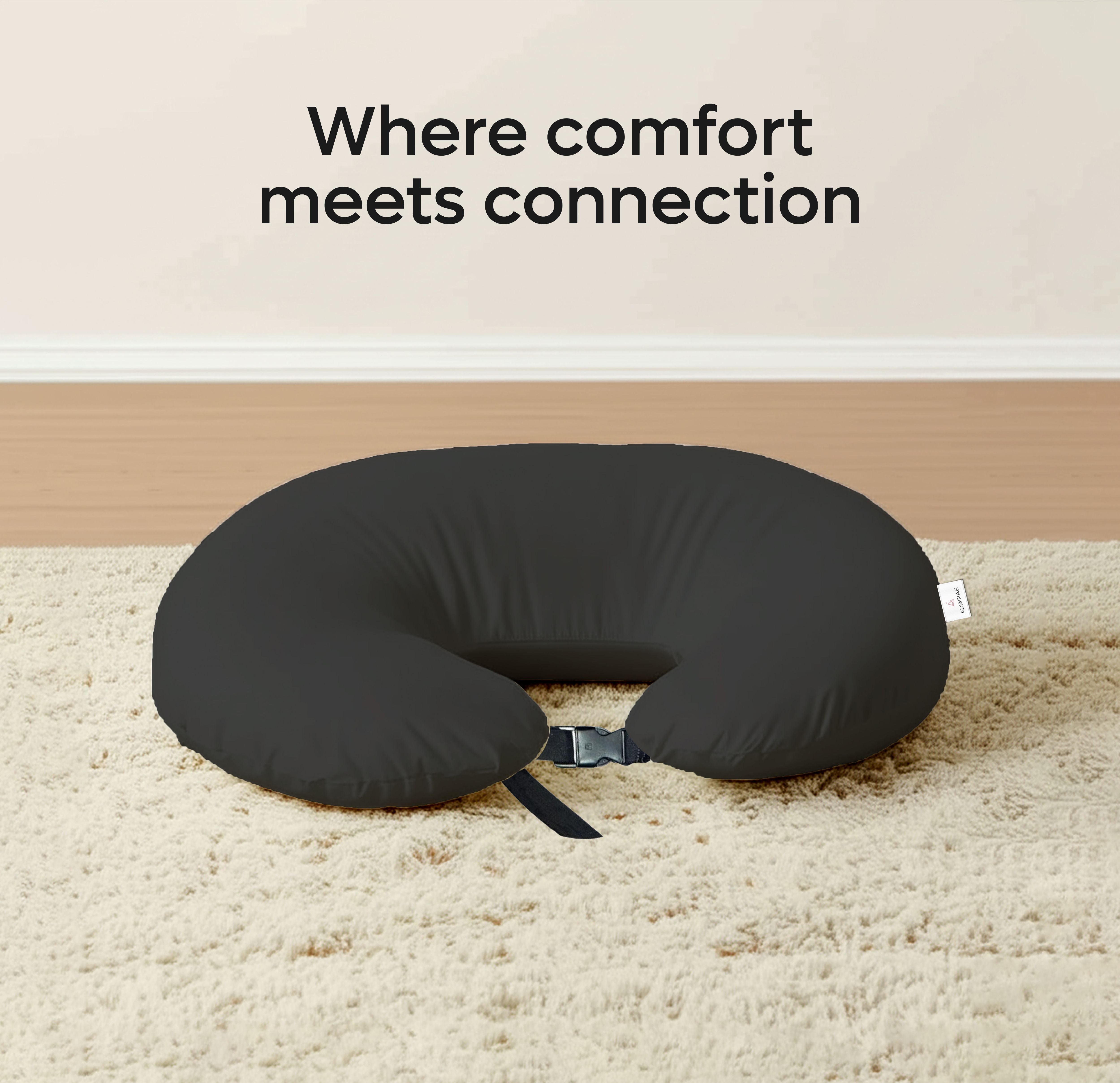 ADMIRAE black baby feeding pillow with adjustable strap comfort and connection