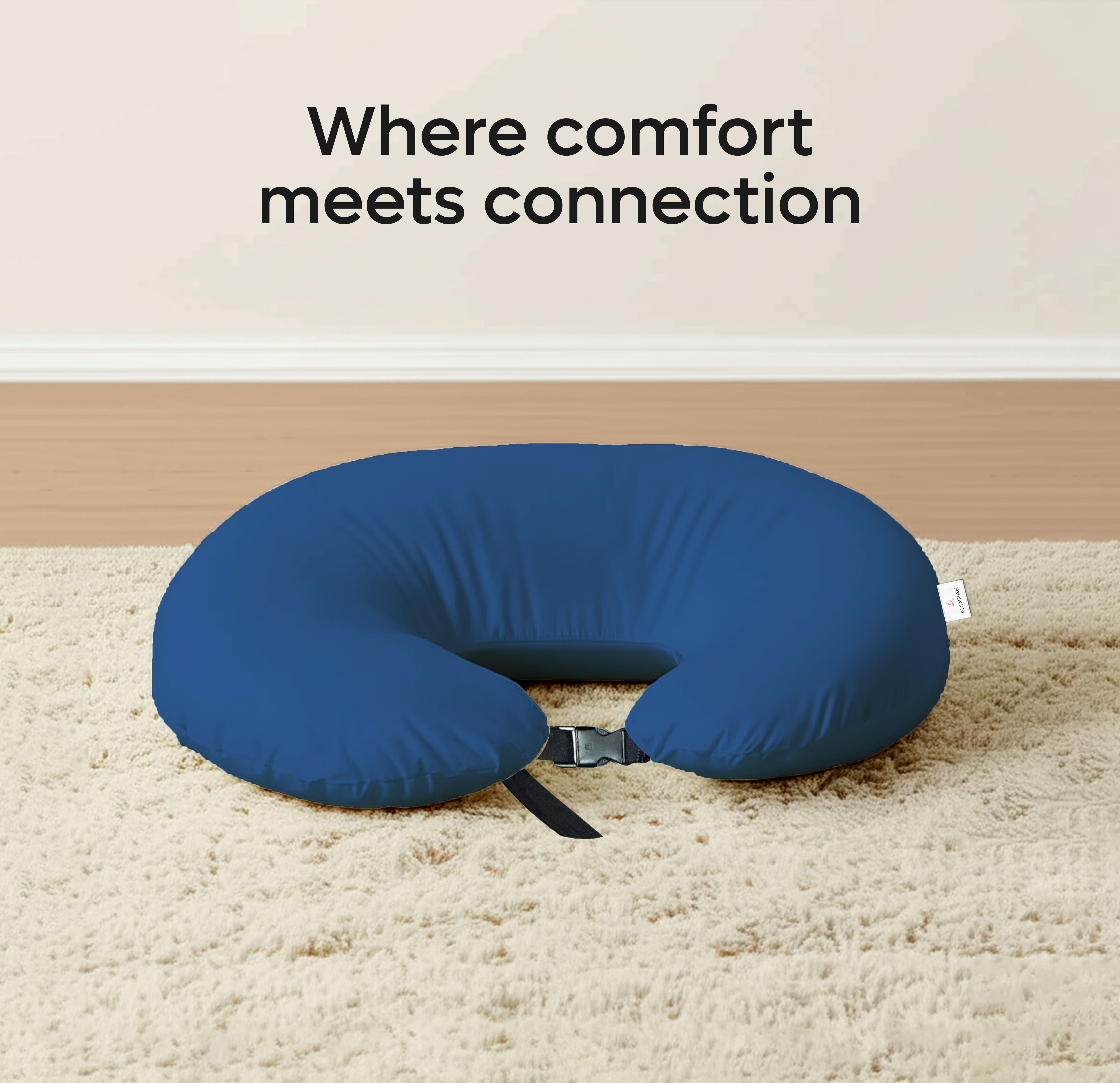 ADMIRAE blue Baby Feeding Pillow with adjustable buckle on beige carpet for comfort and connection