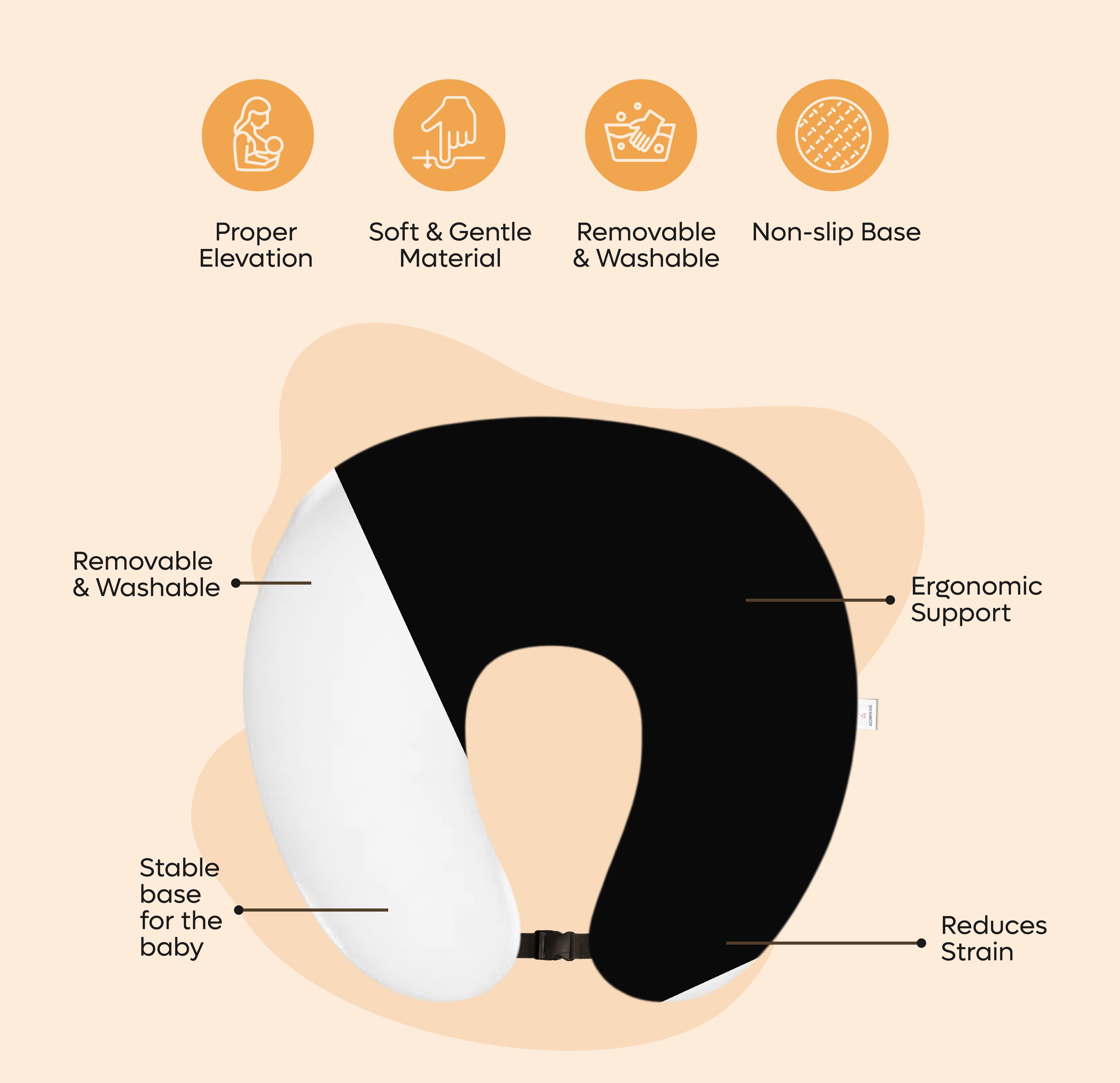 ADMIRAE black and white baby feeding pillow with ergonomic support and removable washable cover