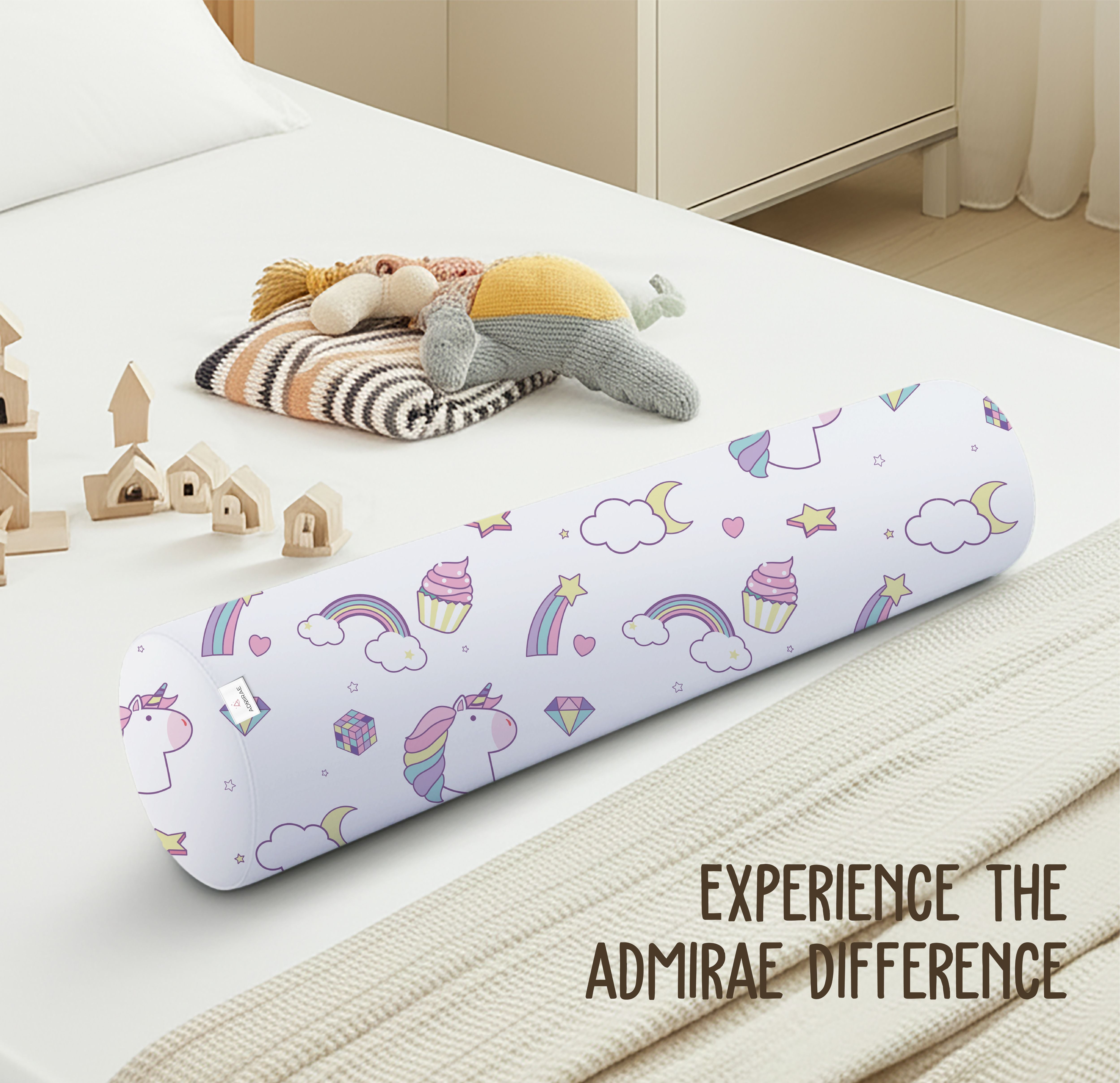 ADMIRAE baby bolster pillow with unicorn and rainbow print for nursery comfort