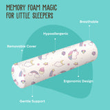 ADMIRAE baby bolster pillow with memory foam, breathable hypoallergenic cover, gentle support, and ergonomic design