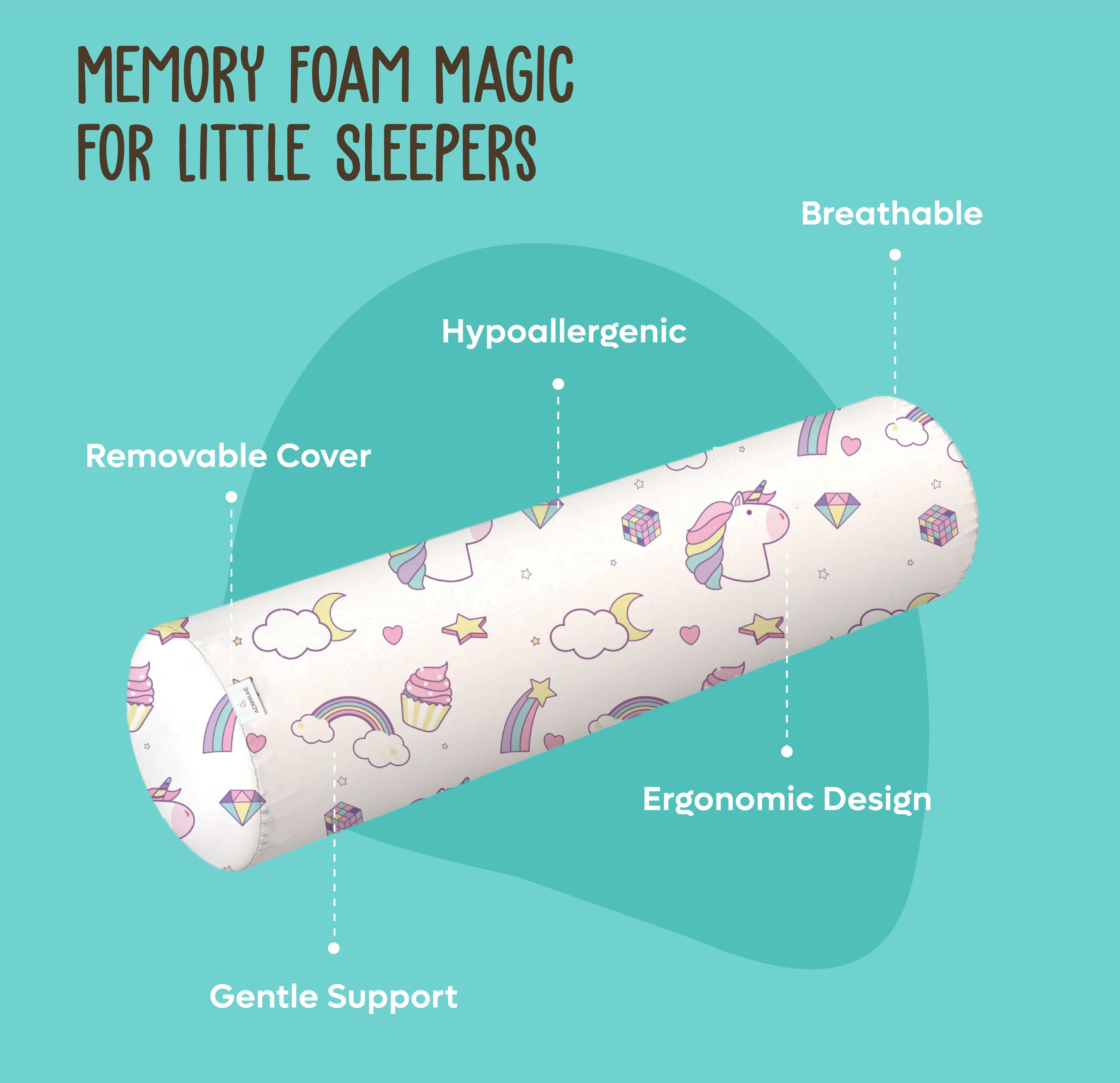 ADMIRAE baby bolster pillow with memory foam, breathable hypoallergenic cover, gentle support, and ergonomic design