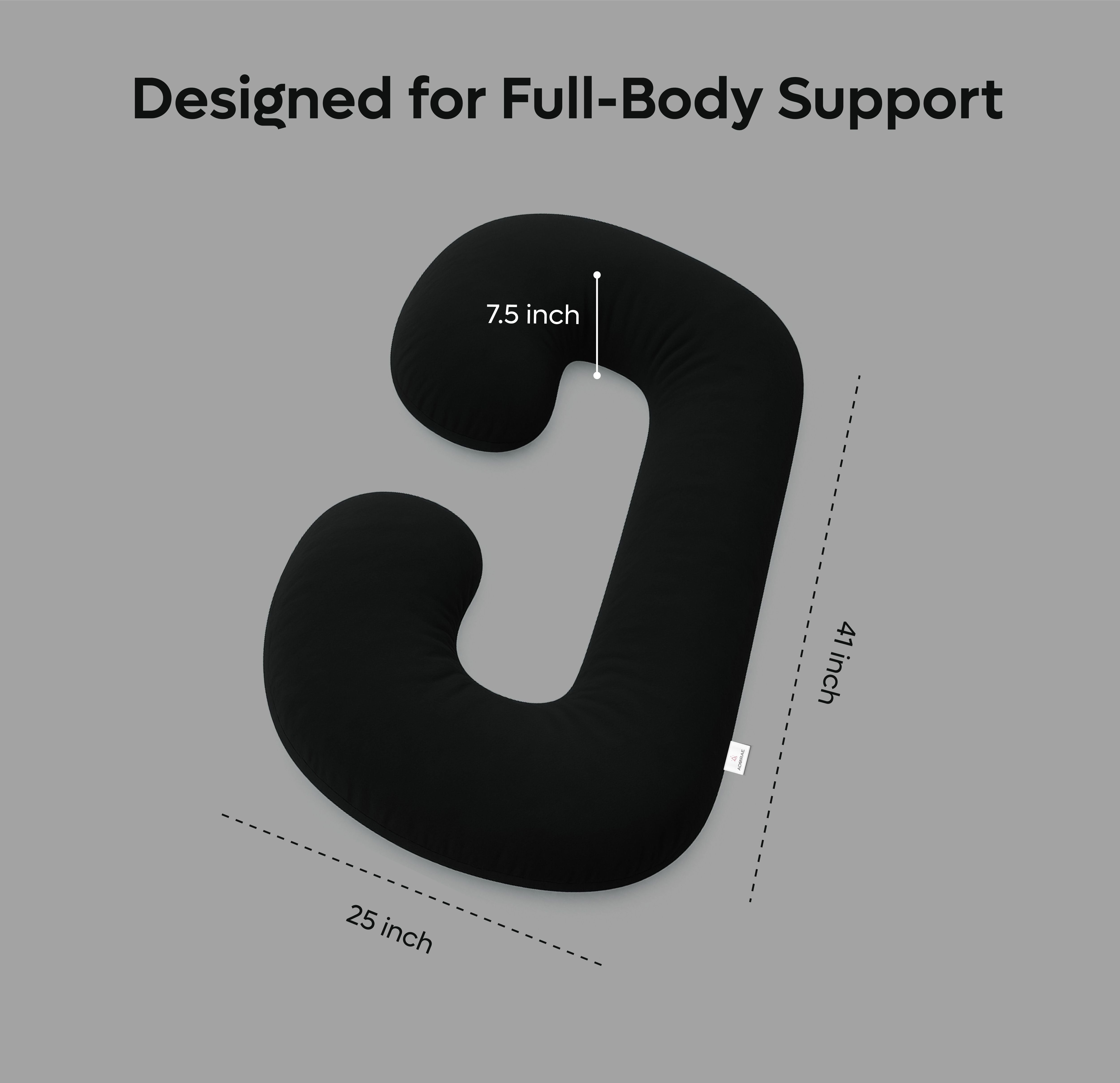 ADMIRAE black C shape pregnancy pillow designed for full-body support measuring 41 by 25 inches