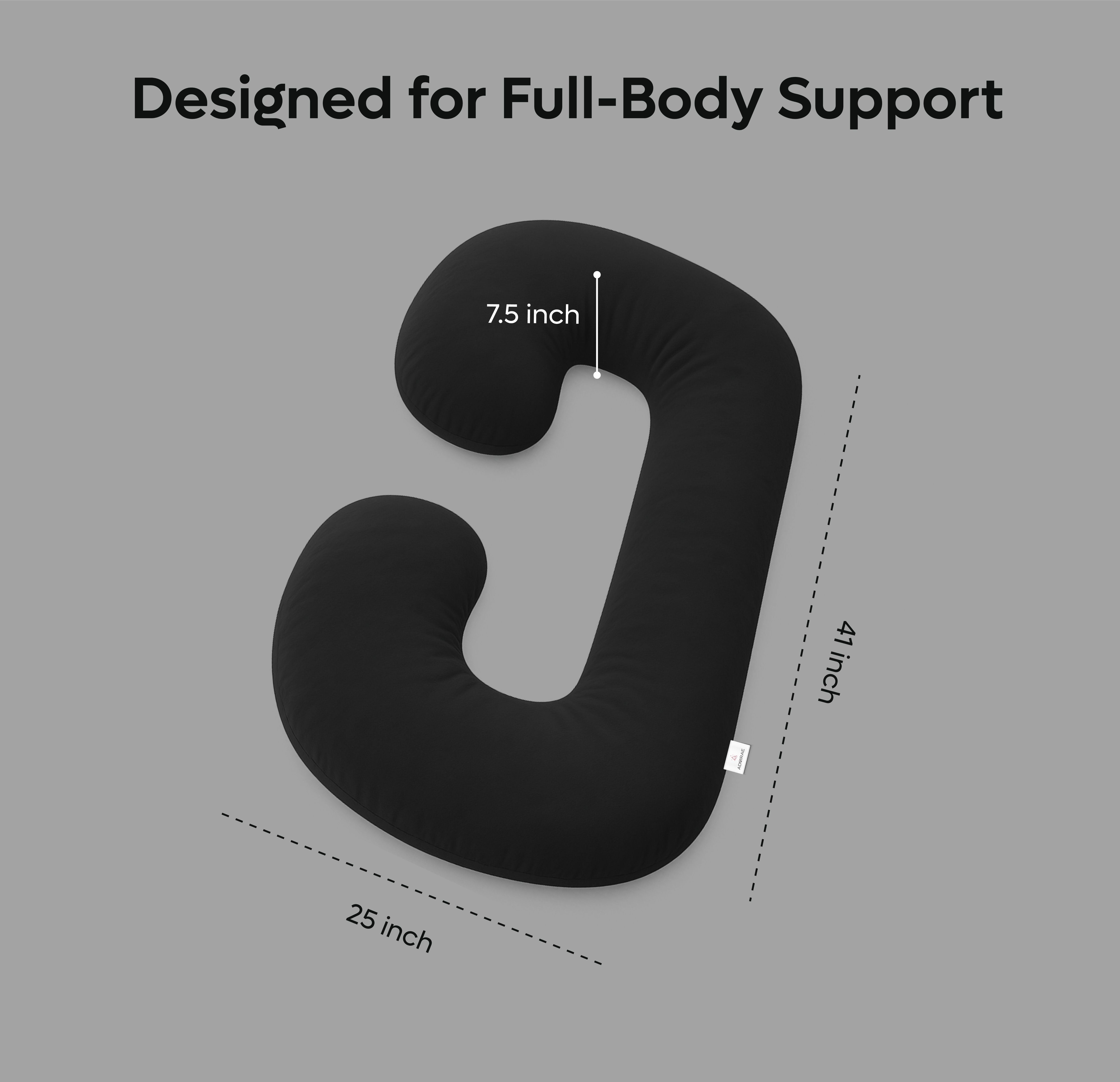 ADMIRAE black C shape pregnancy pillow measuring 41 by 25 by 7.5 inches for full body support