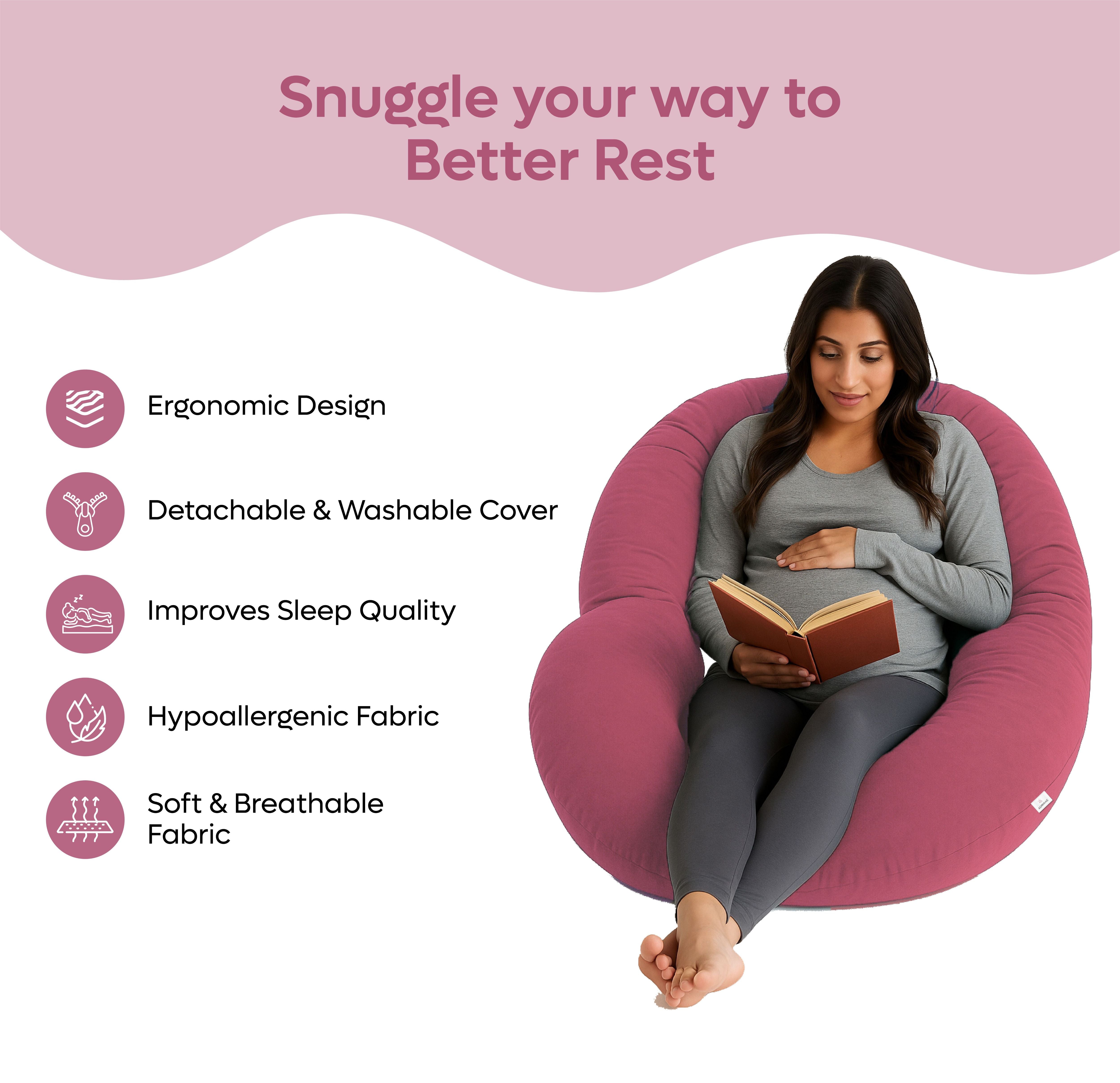 ADMIRAE C shape pregnancy pillow in pink with ergonomic design and hypoallergenic fabric for better rest