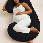 ADMIRAE C shape pregnancy pillow in black supporting pregnant woman lying on side