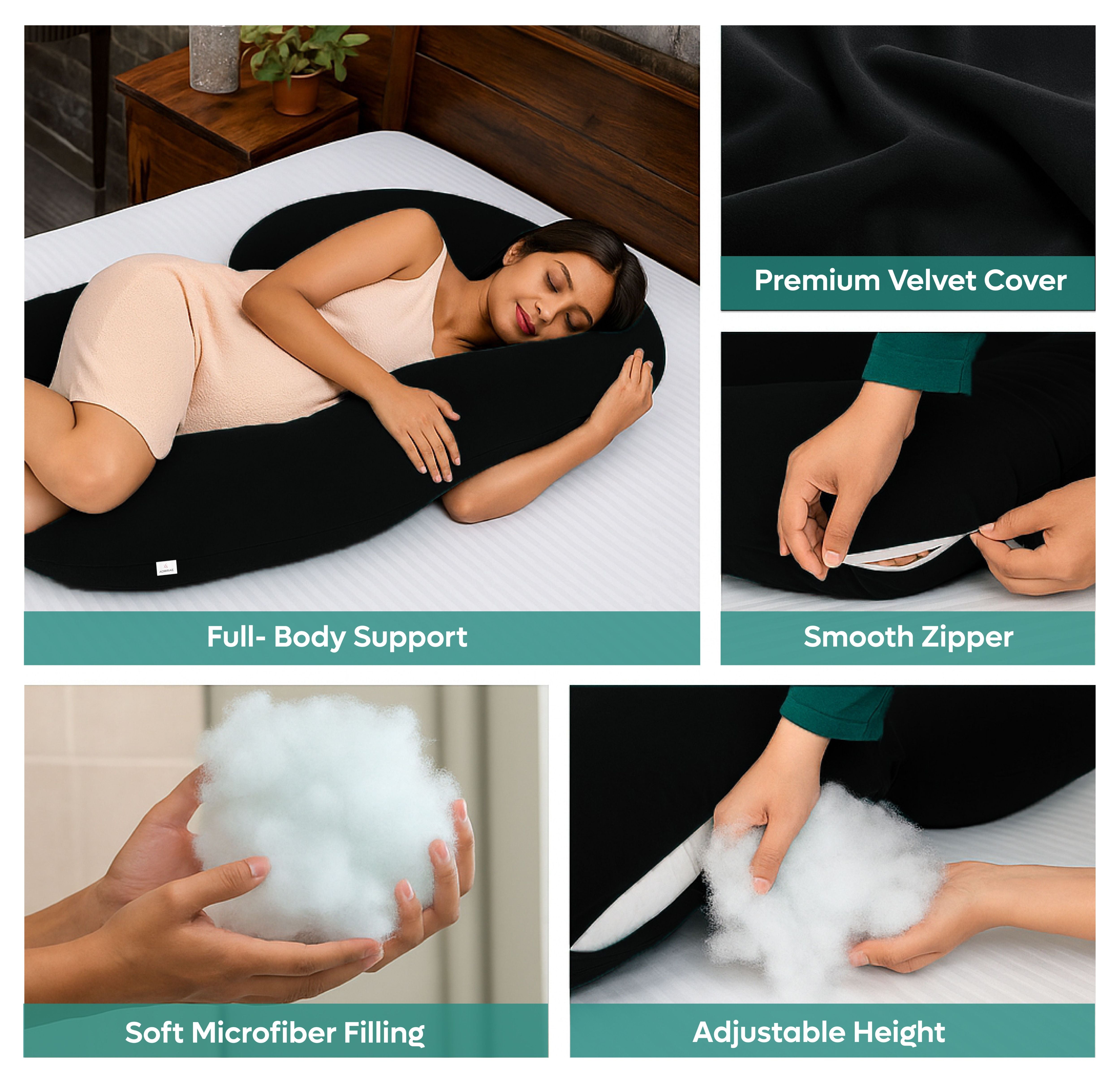 ADMIRAE C shape pregnancy pillow with premium velvet cover and soft microfiber filling for full body support