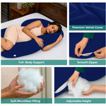 Admirae C shape pregnancy pillow with full body support, premium velvet cover, smooth zipper, and soft microfiber filling