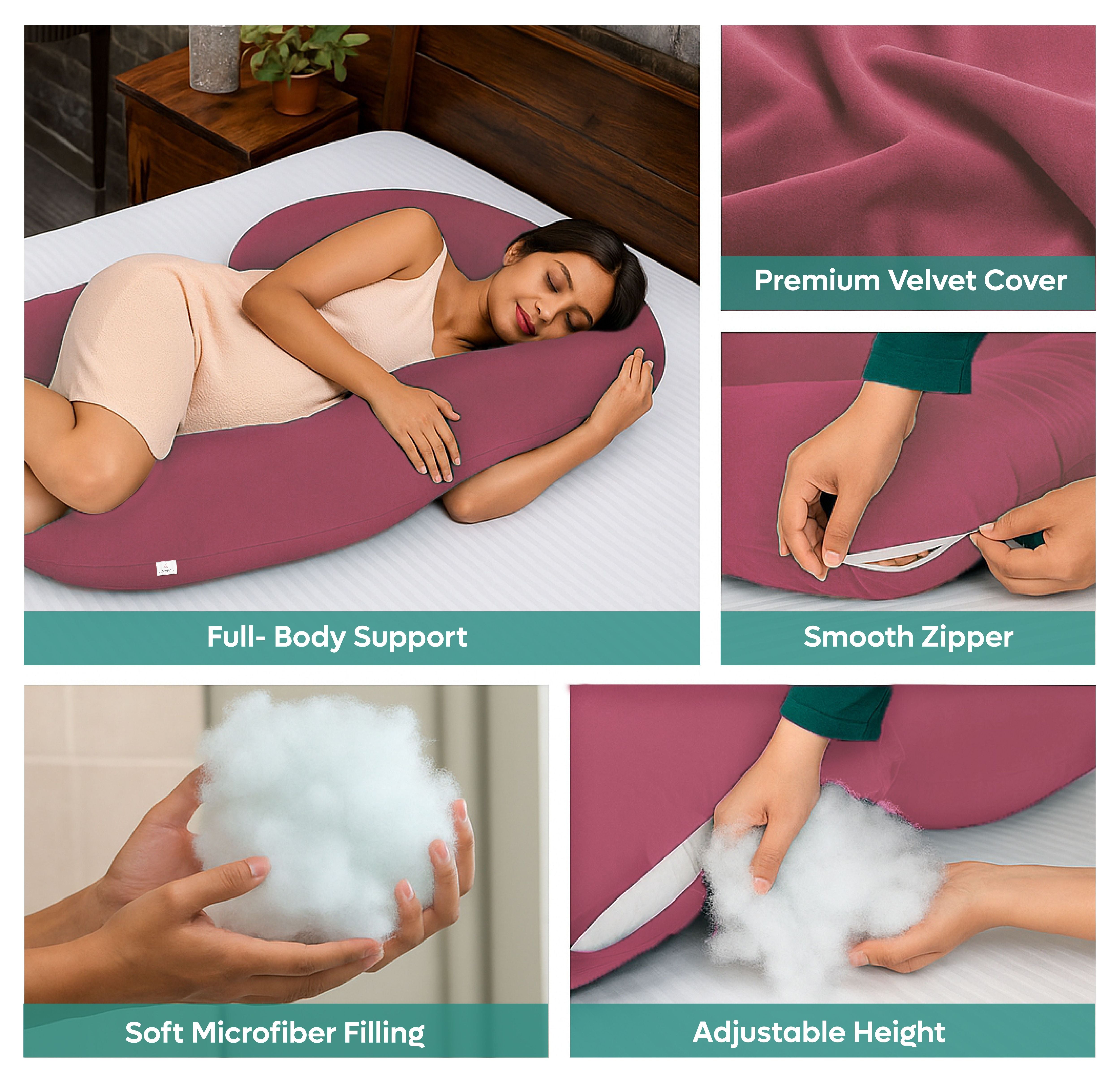 Admirae C shape pregnancy pillow with full body support and premium velvet cover