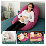 Admirae C shape pregnancy pillow in pink supporting pregnant woman for back pain relief and better sleep