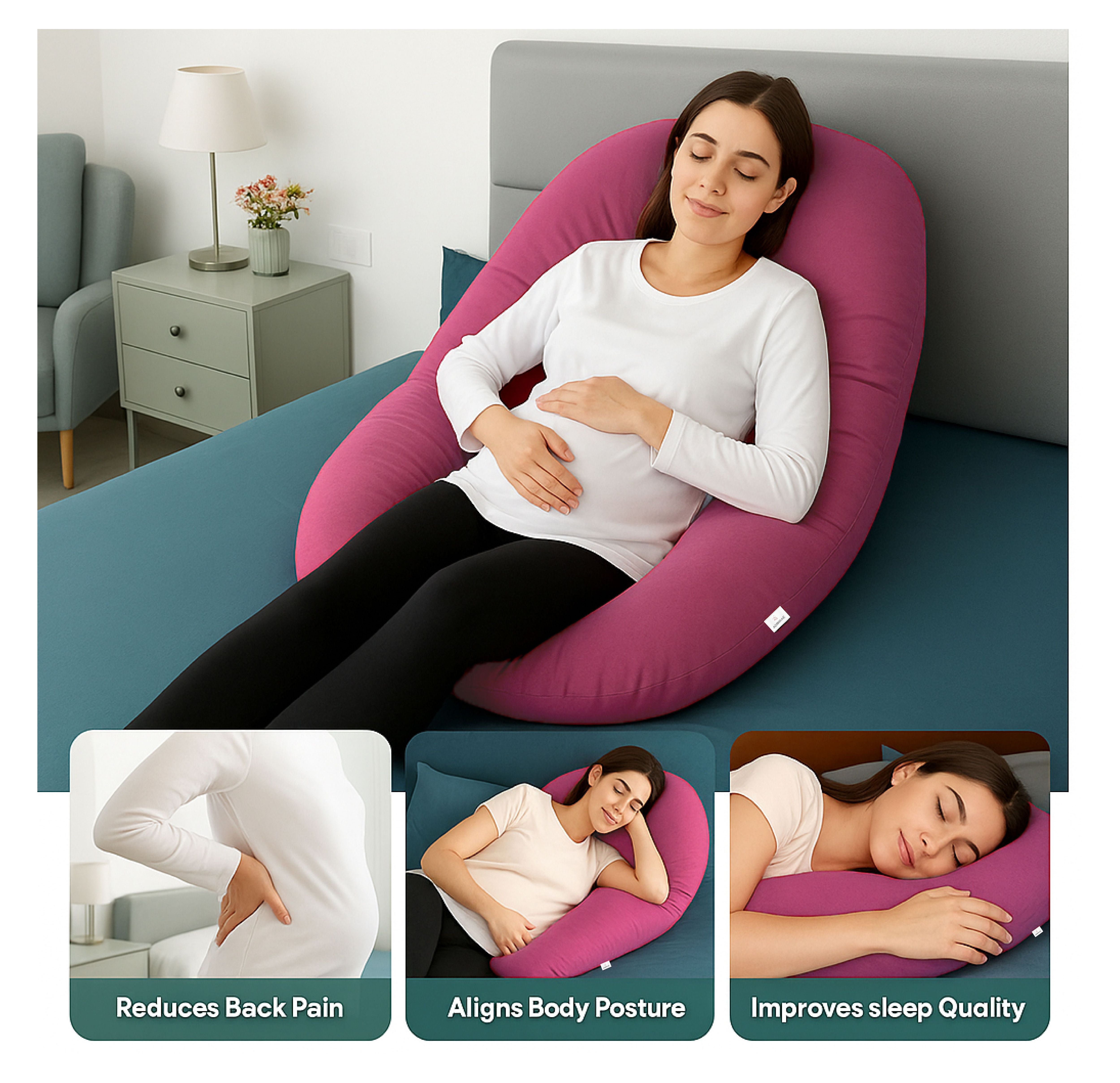 Admirae C shape pregnancy pillow in pink supporting pregnant woman for back pain relief and better sleep