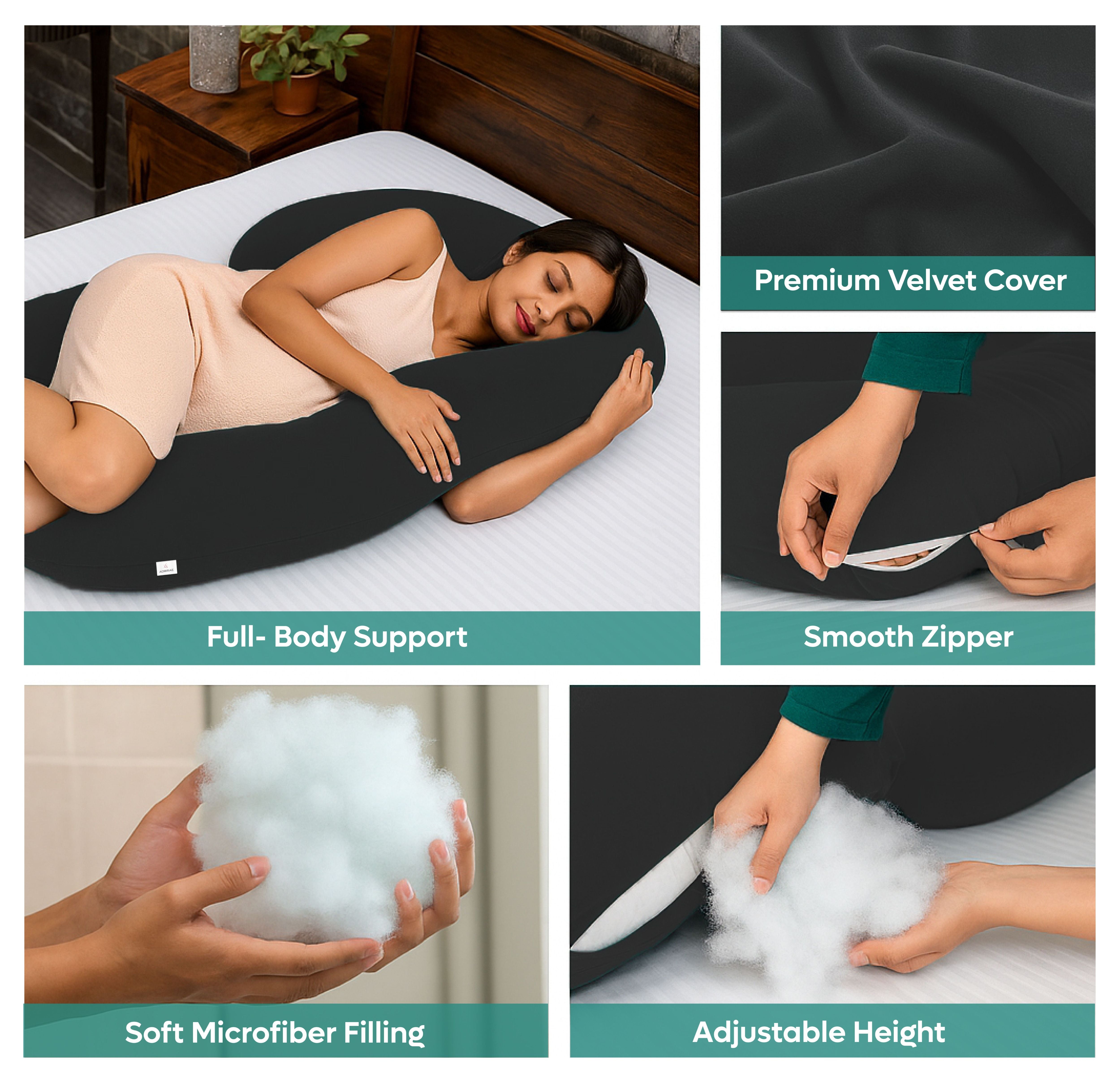 ADMIRAE C shape pregnancy pillow in black with premium velvet cover and soft microfiber filling