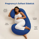 Admirae C shape pregnancy pillow in blue supporting head, shoulders, pelvis, body, foot, and ankle
