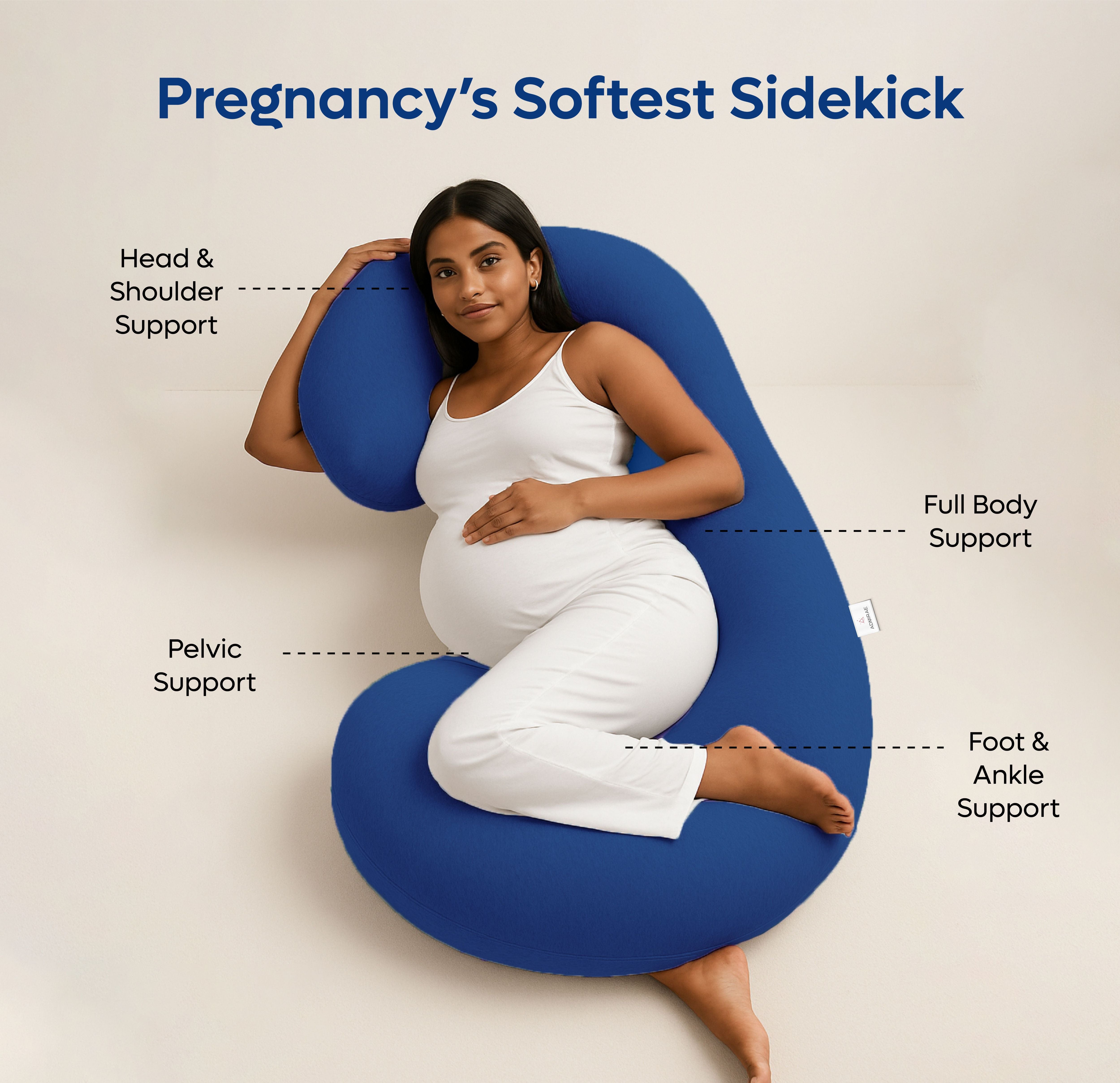 Admirae C shape pregnancy pillow in blue supporting head, shoulders, pelvis, body, foot, and ankle
