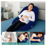 Admirae C shape pregnancy pillow in navy blue supporting pregnant woman sitting and lying on bed