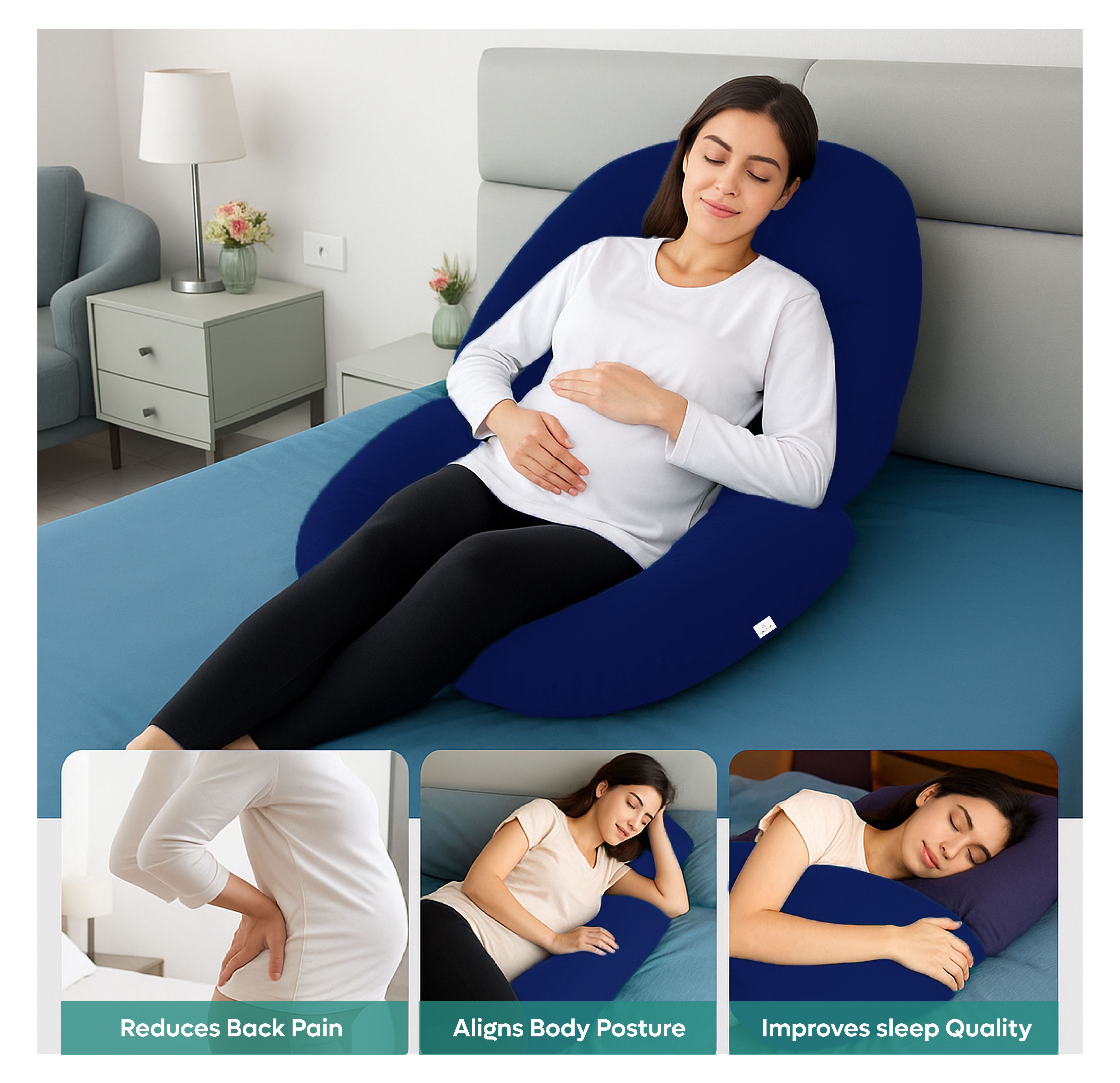 Admirae C shape pregnancy pillow in navy blue supporting pregnant woman sitting and lying on bed