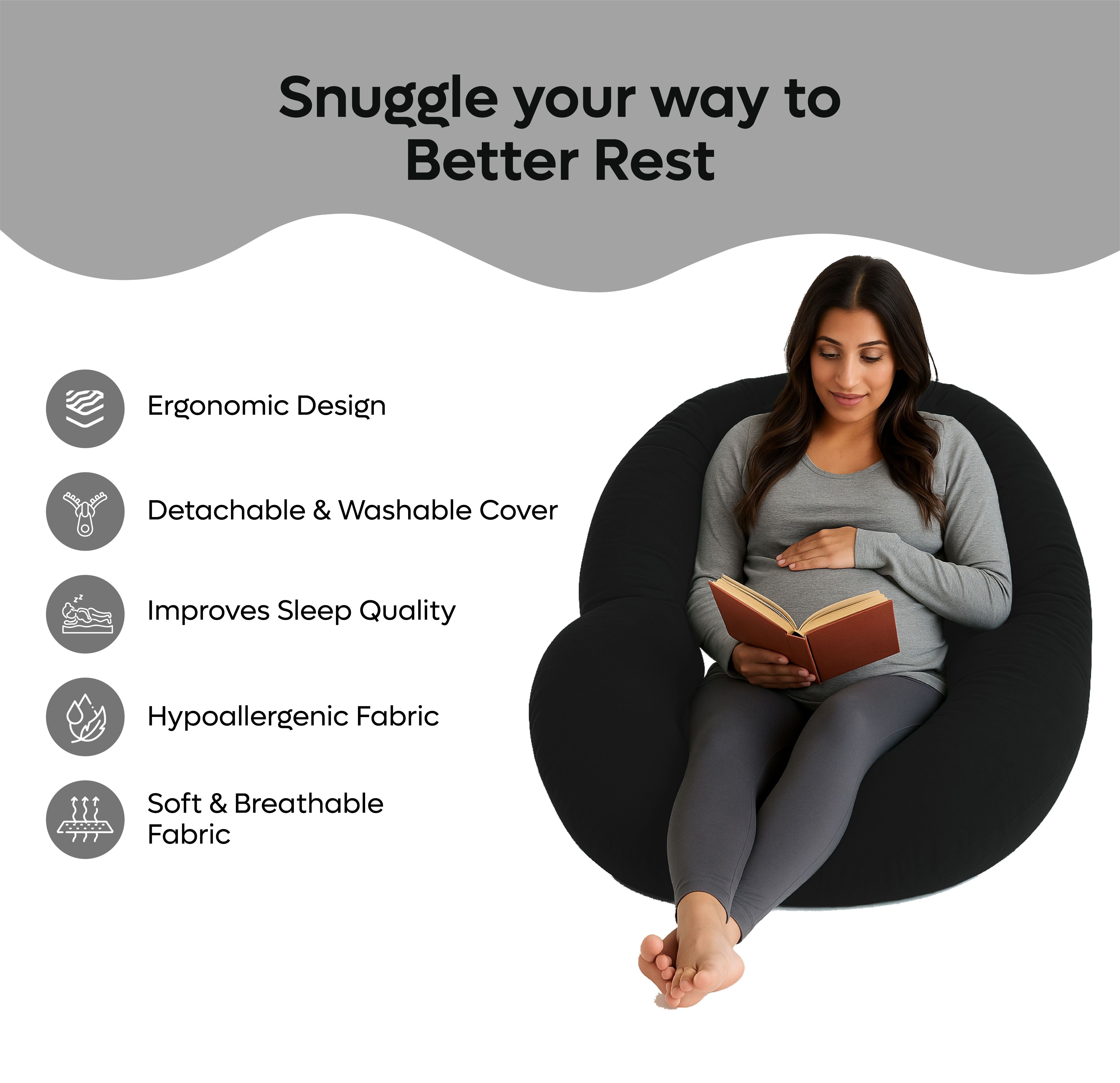 ADMIRAE ergonomic black C shape pregnancy pillow with detachable washable cover for better rest