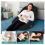 ADMIRAE C shape pregnancy pillow in black supporting a pregnant woman on bed for back pain relief and better sleep