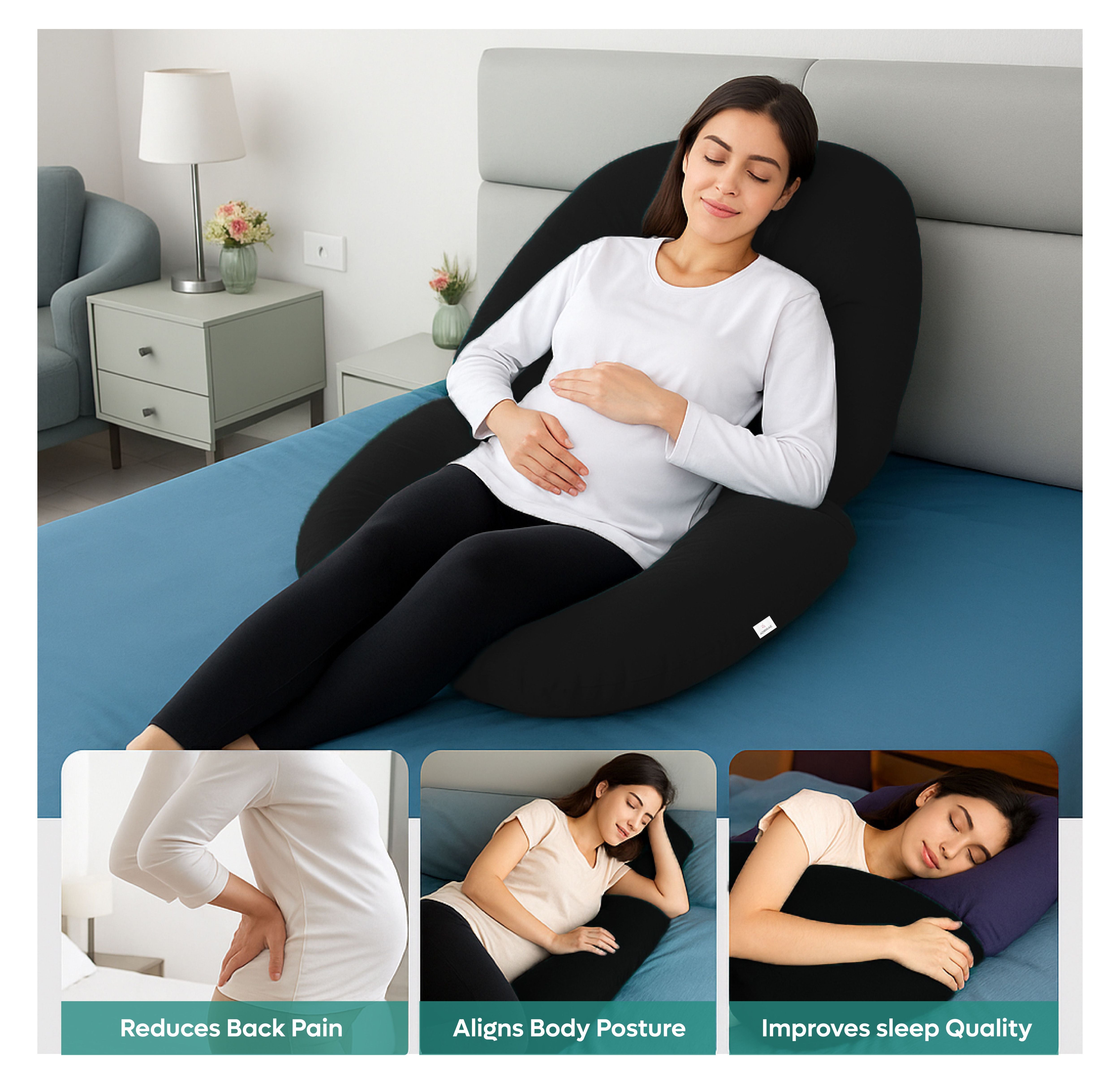 ADMIRAE C shape pregnancy pillow in black supporting a pregnant woman for back pain relief and better sleep