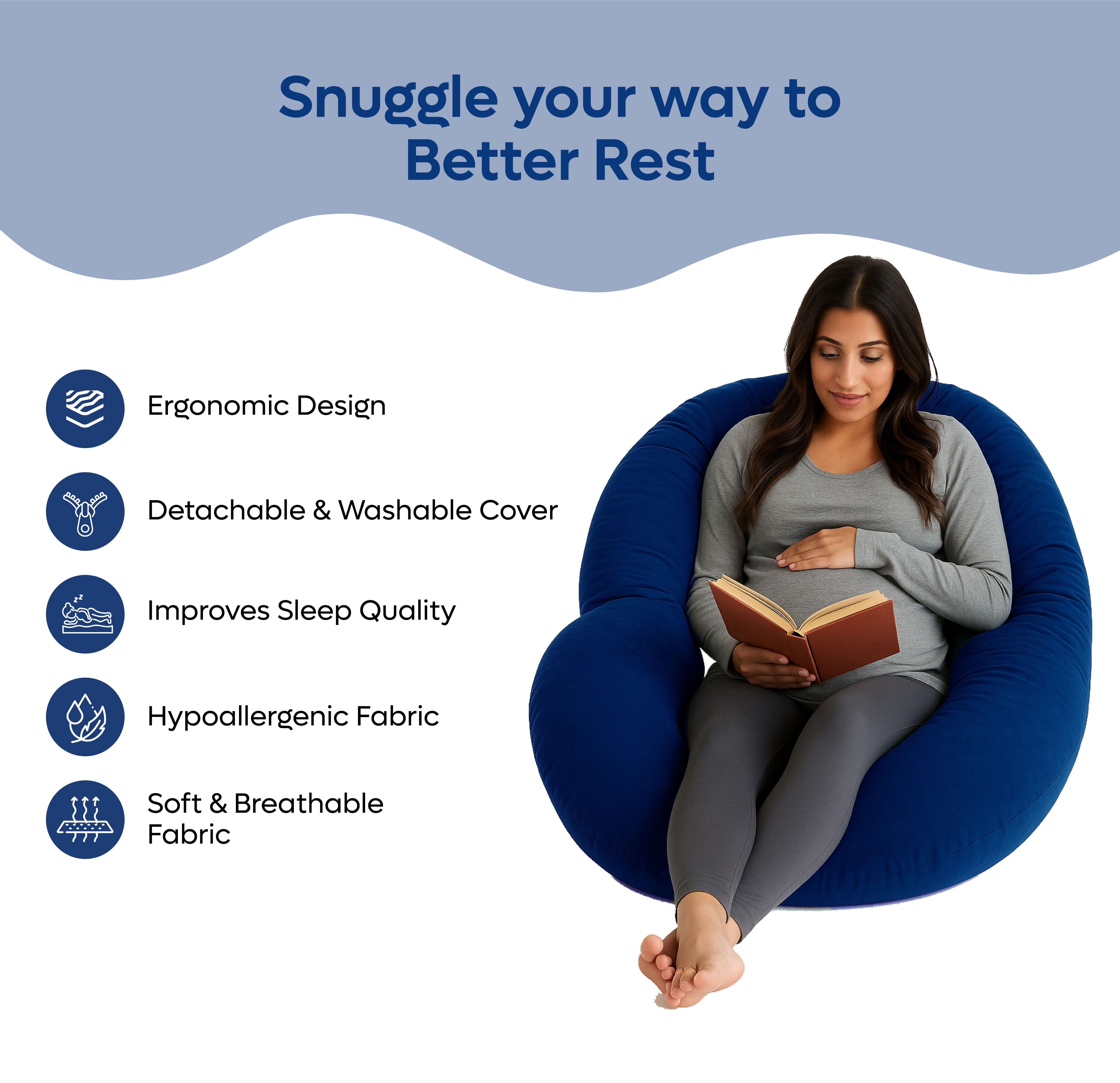 Admirae C shape pregnancy pillow in navy blue with ergonomic design and washable cover
