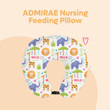 ADMIRAE nursing feeding pillow with colorful animal prints including elephants, lions, and giraffes