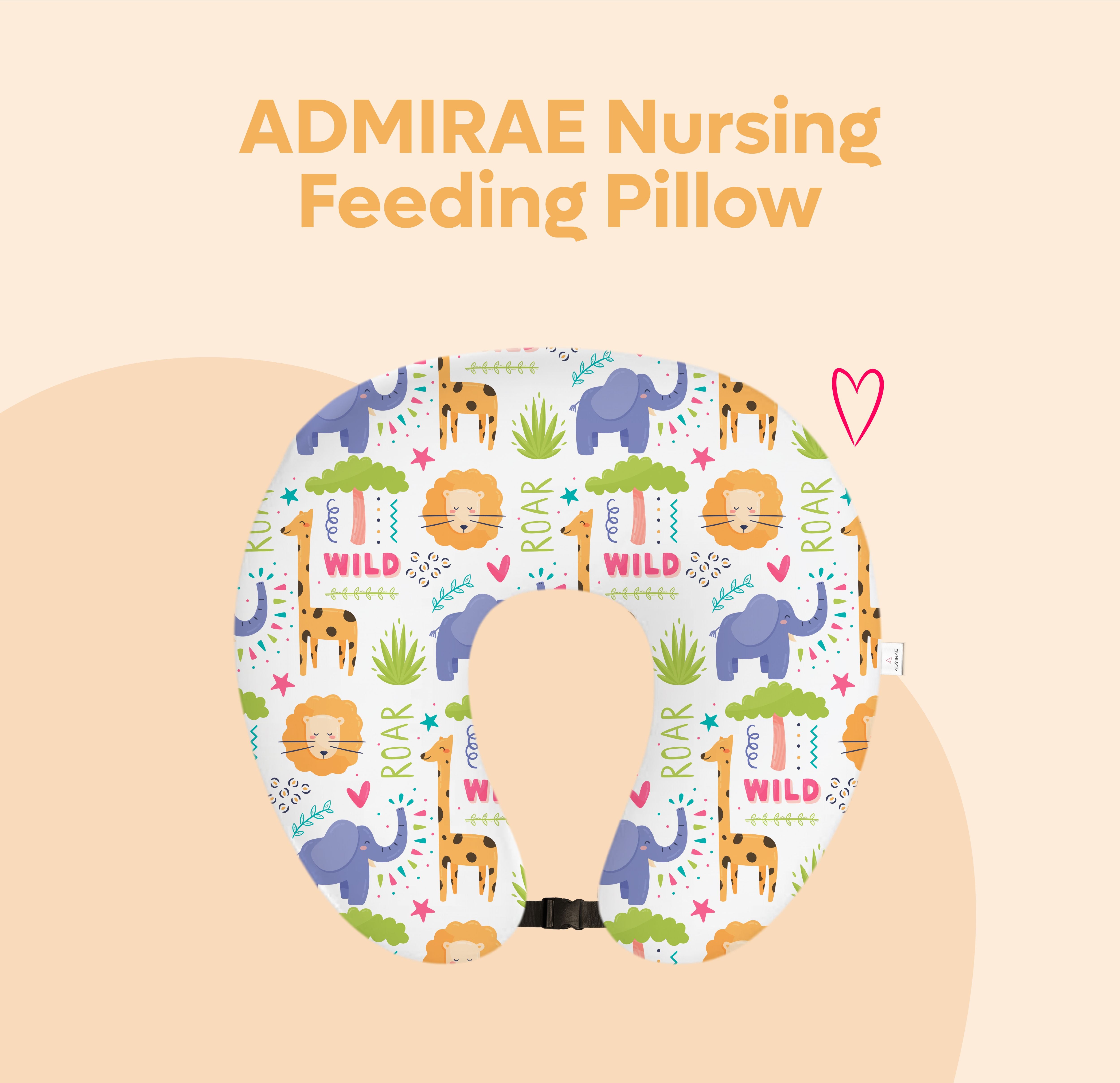 ADMIRAE nursing feeding pillow with colorful animal prints including elephants, lions, and giraffes