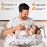 ADMIRAE Feeding Pillow with colorful unicorn and rainbow design supporting baby feeding and positioning
